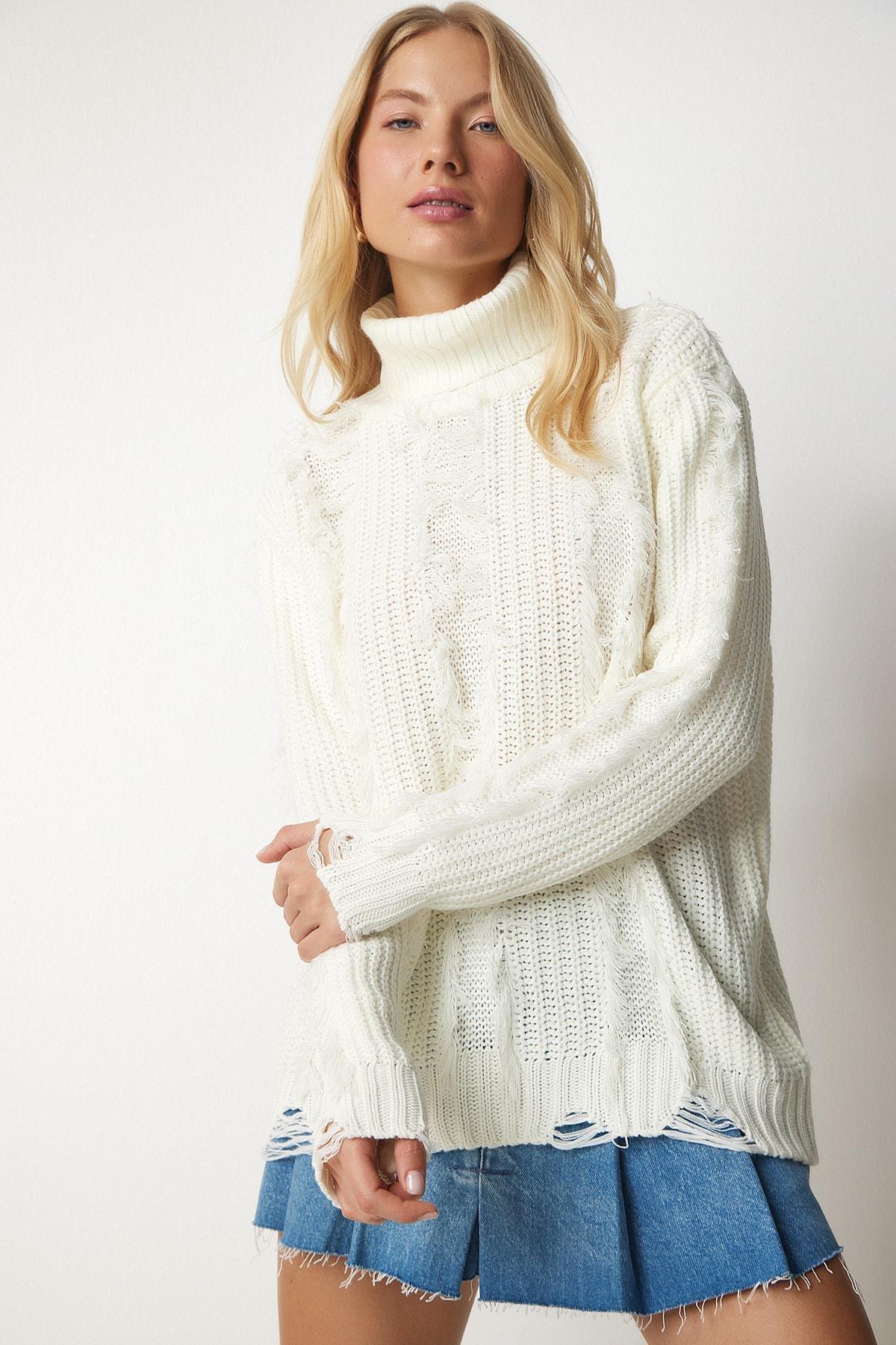 White Detailed Knitwear Sweater, Bone, large image number 2