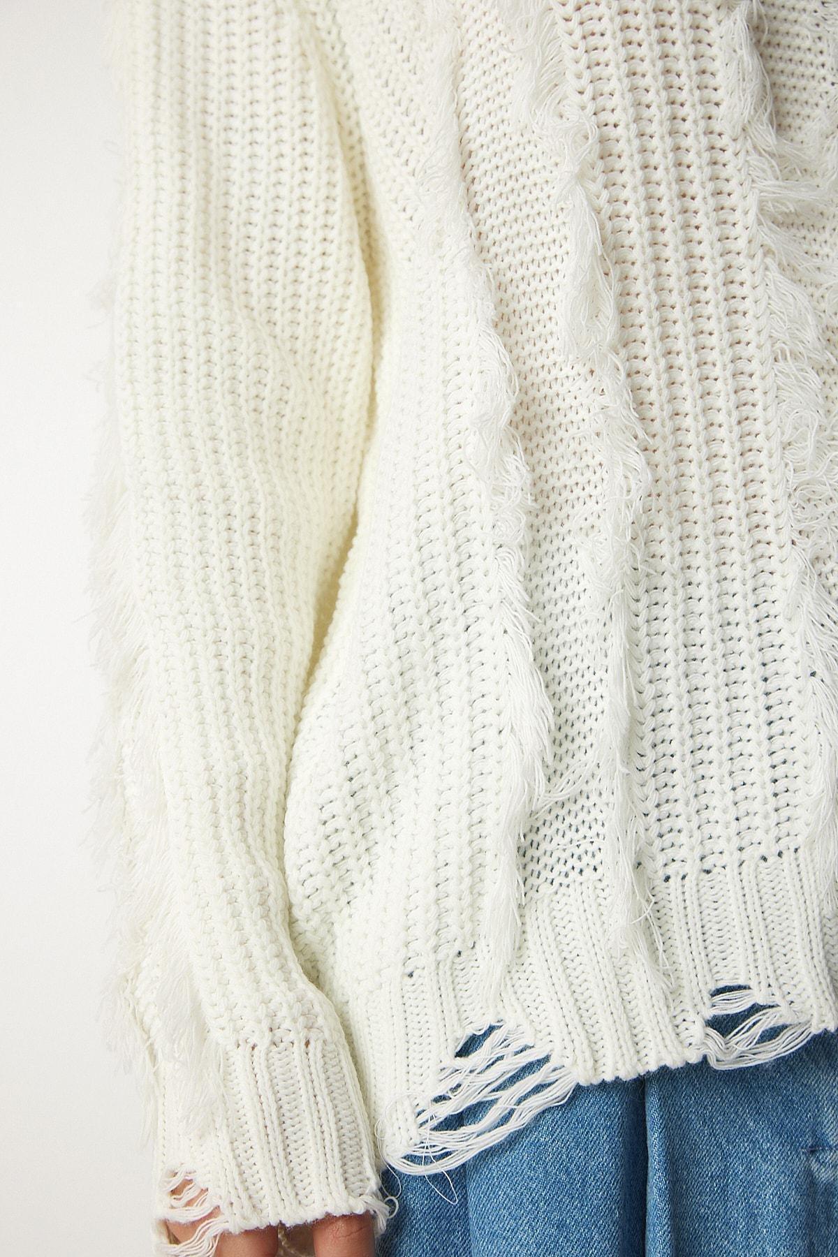 White Detailed Knitwear Sweater, Bone, large image number 3