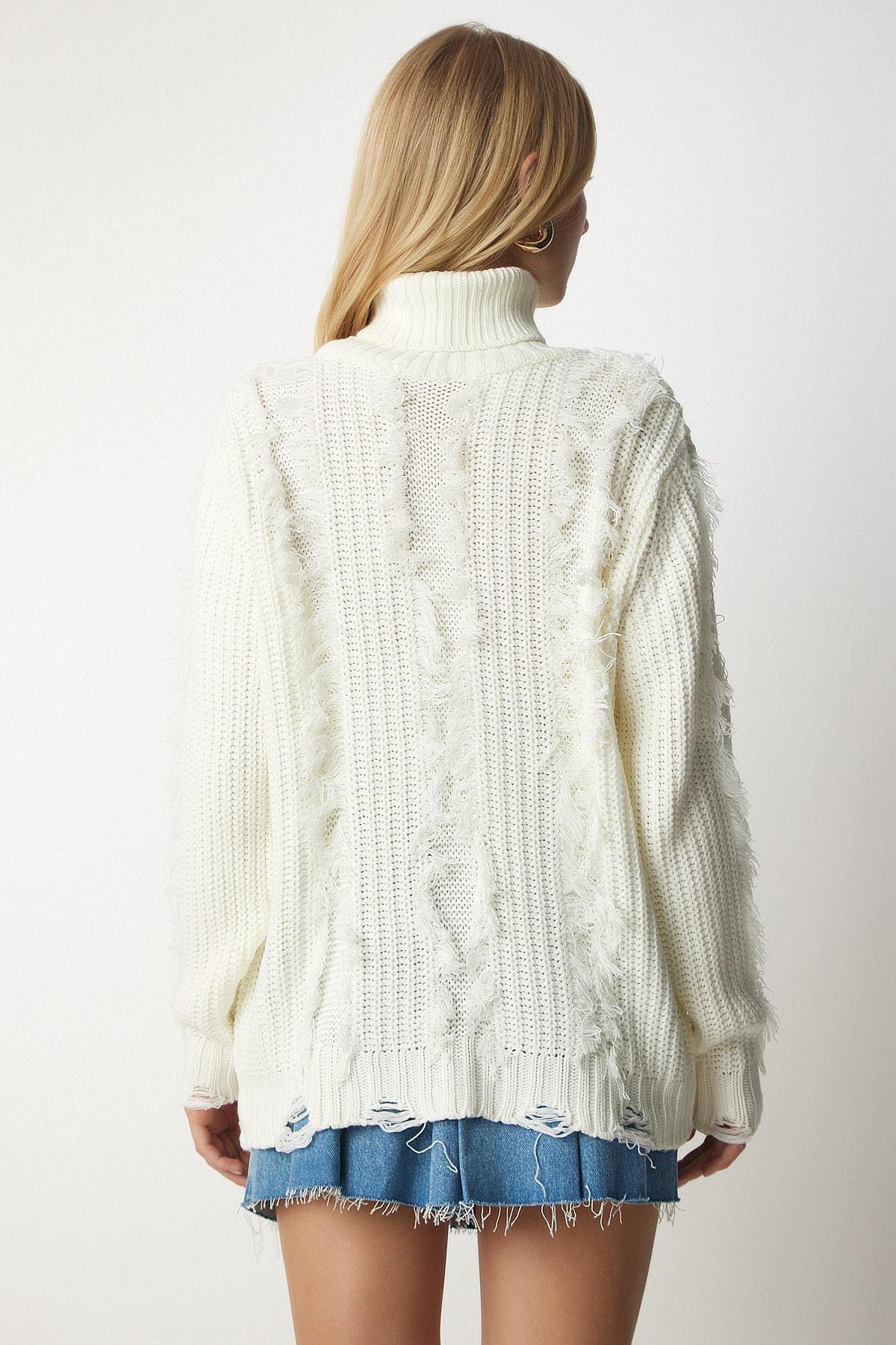 White Detailed Knitwear Sweater, Bone, large image number 4