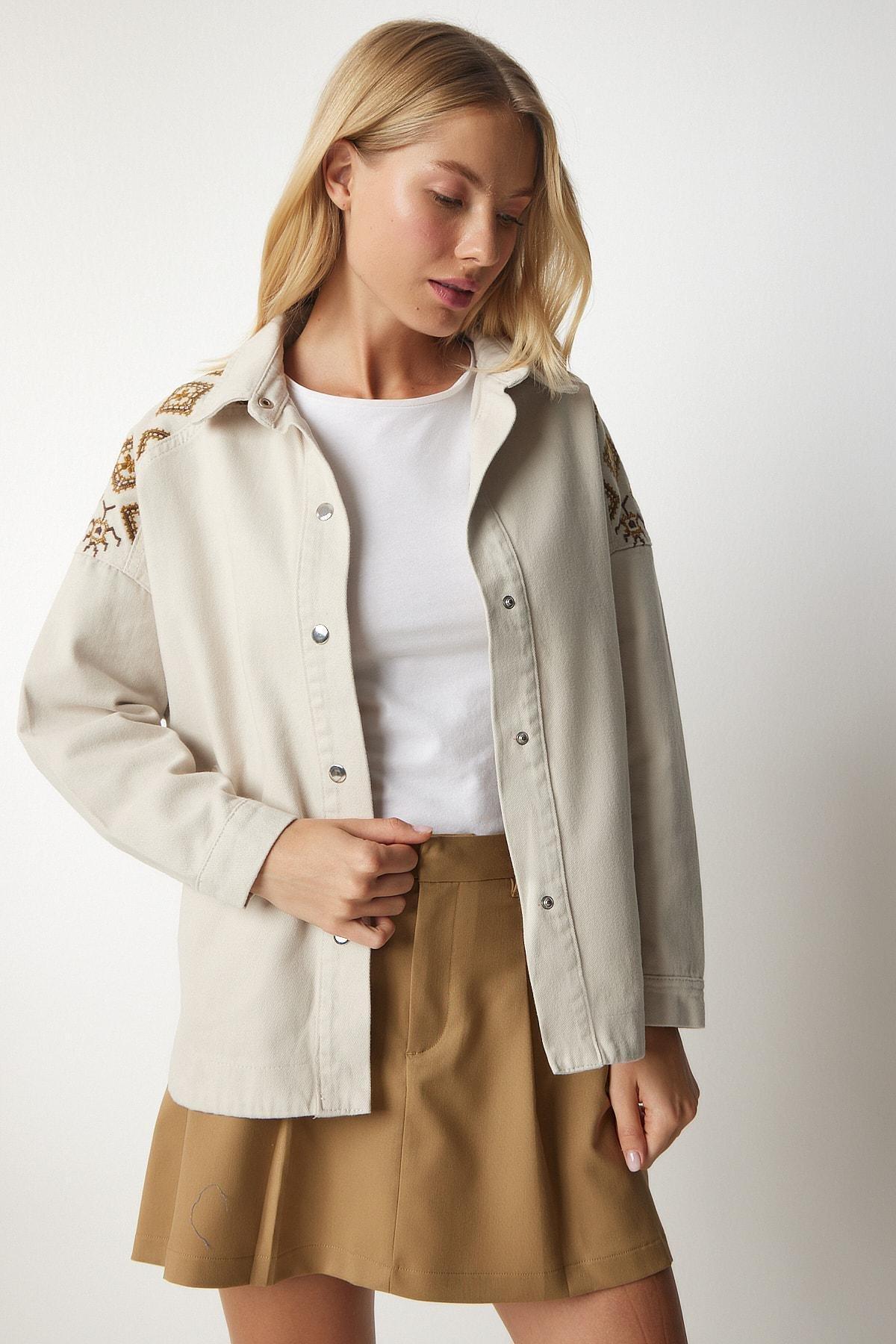 Beige Embroidered Shirt Jacket, Cream, large image number 0