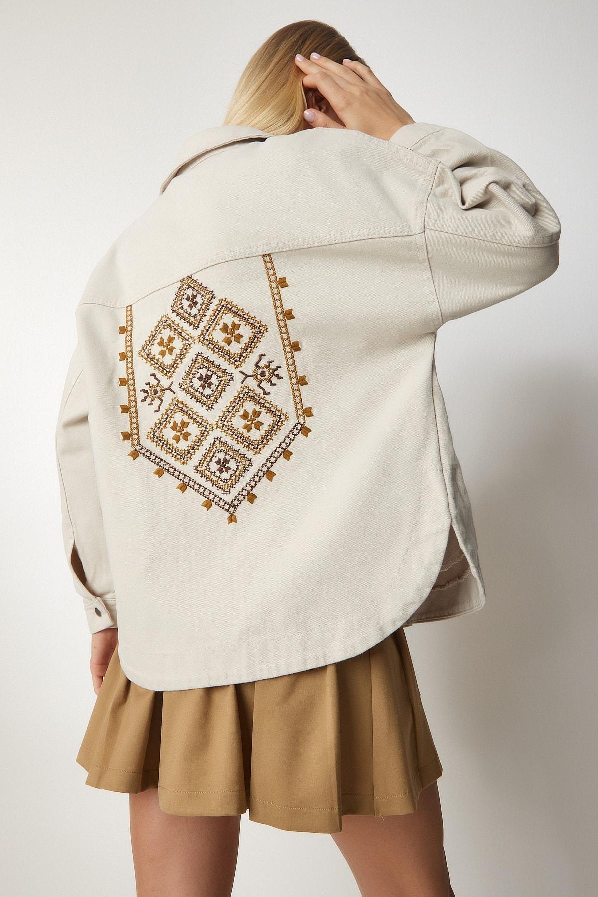 Beige Embroidered Shirt Jacket, Cream, large image number 1