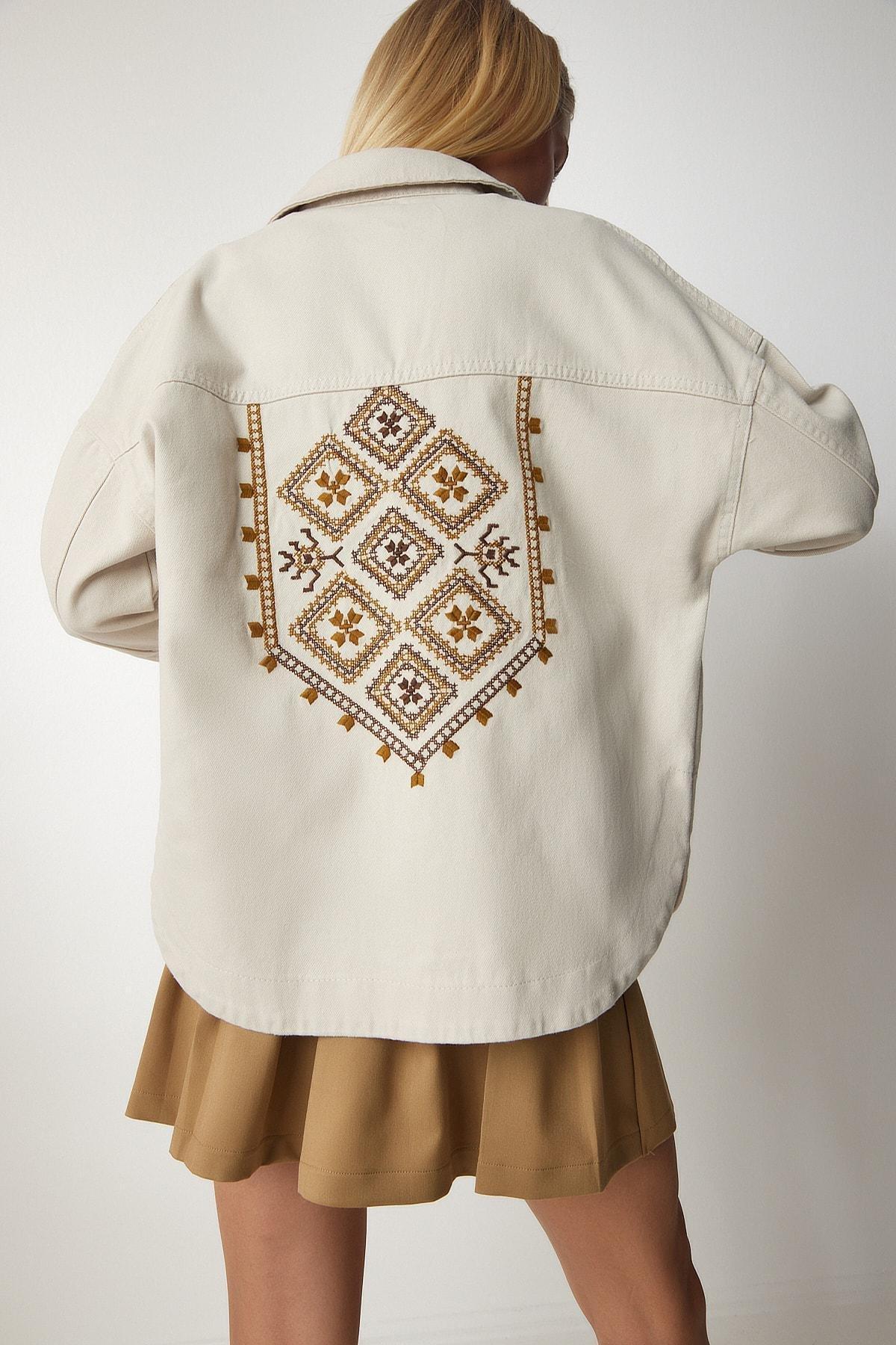 Beige Embroidered Shirt Jacket, Cream, medium