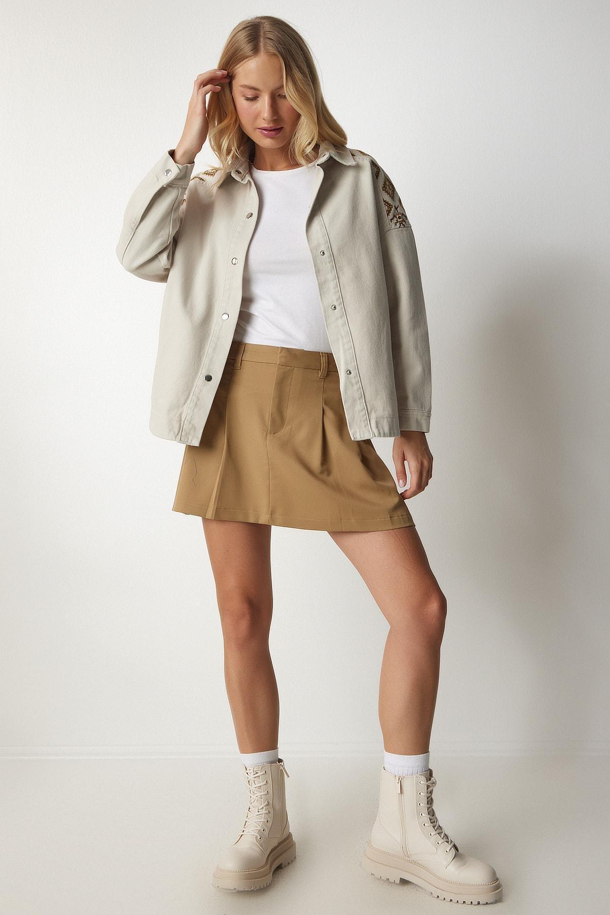 Beige Embroidered Shirt Jacket, Cream, large image number 3