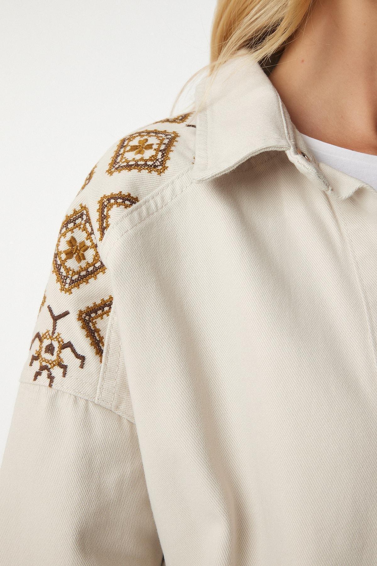 Beige Embroidered Shirt Jacket, Cream, large image number 4