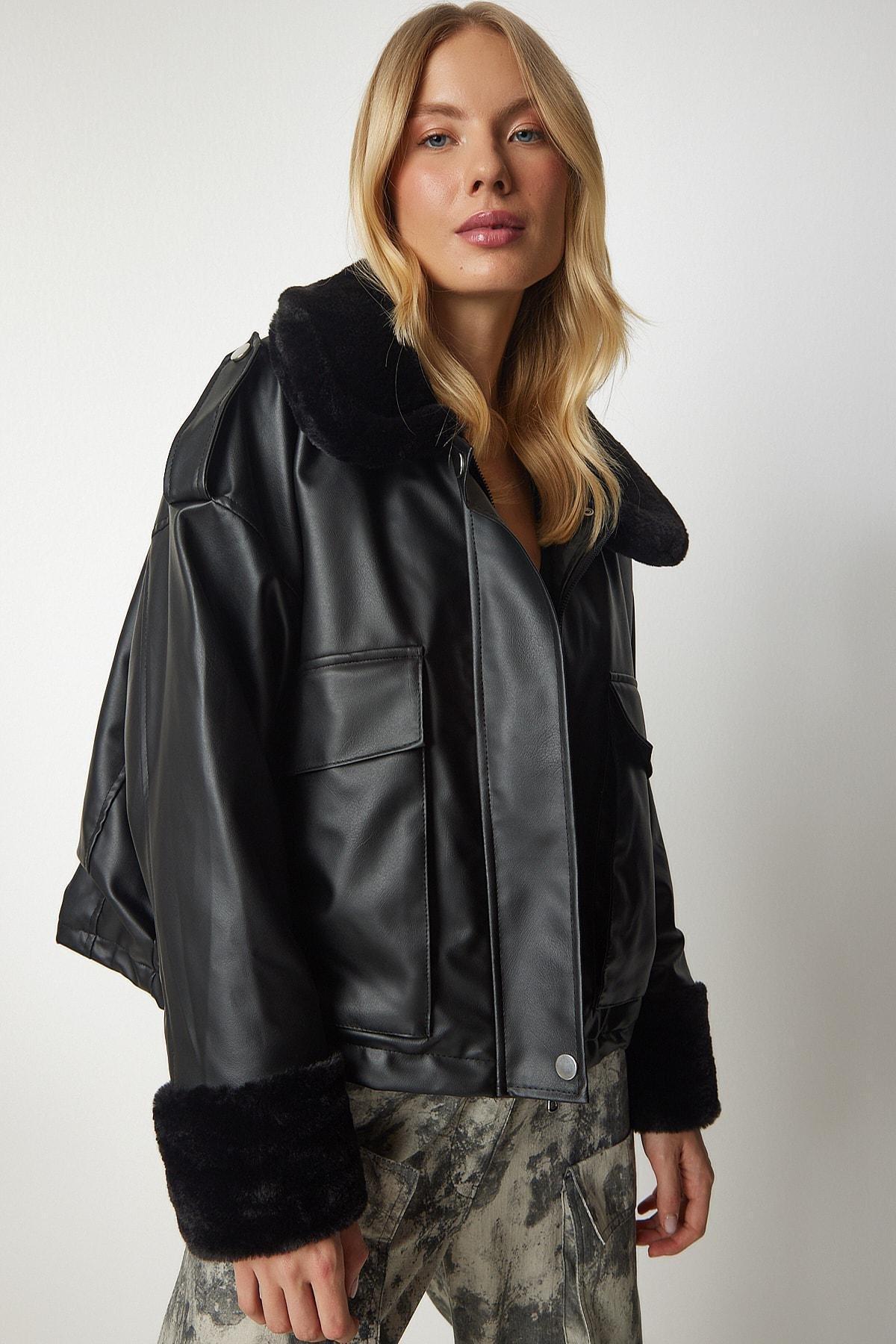 Black Shearling Bomber Faux Leather Coat, , large image number 1