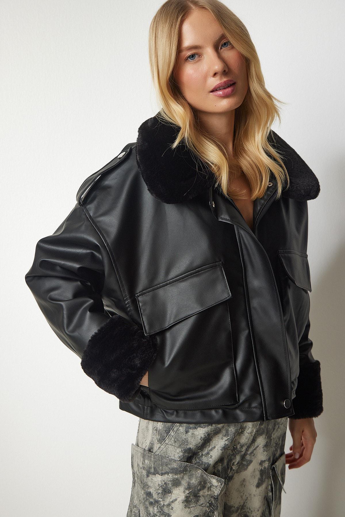 Black Shearling Bomber Faux Leather Coat, , large image number 4