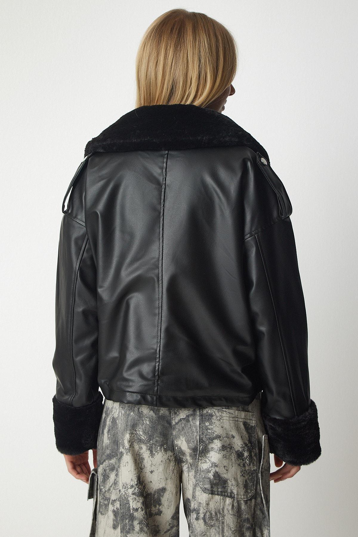 Black Shearling Bomber Faux Leather Coat, , large image number 5