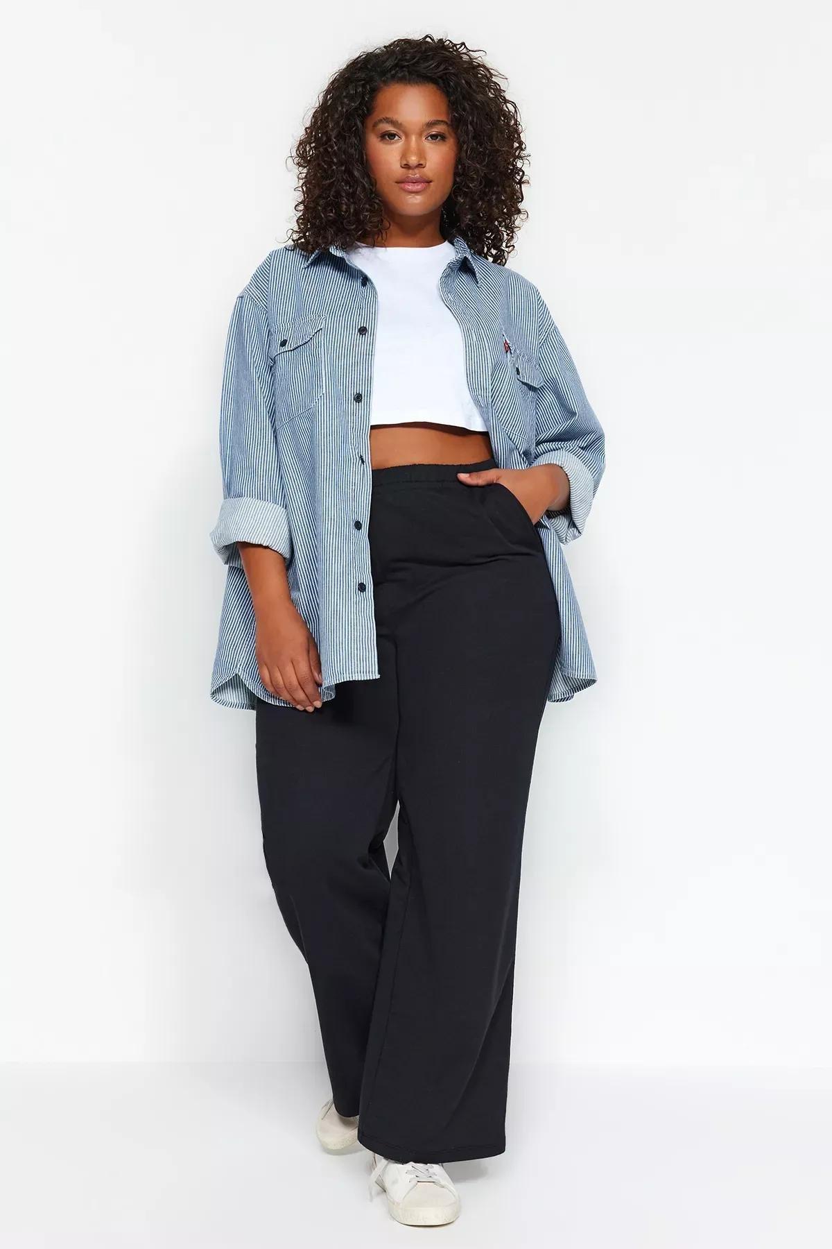 بنطال رياضي من قماش سميك بقصة ساق عريضة، أسود, BLACK, large image number 1