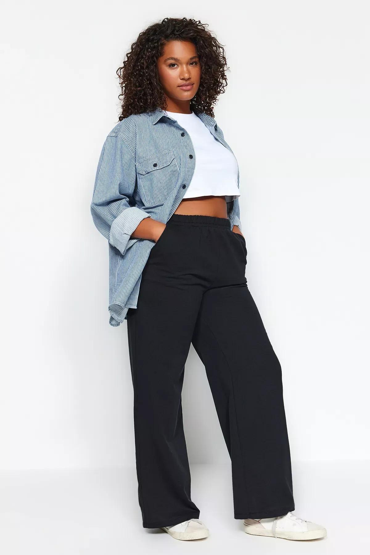 بنطال رياضي من قماش سميك بقصة ساق عريضة، أسود, BLACK, large image number 2