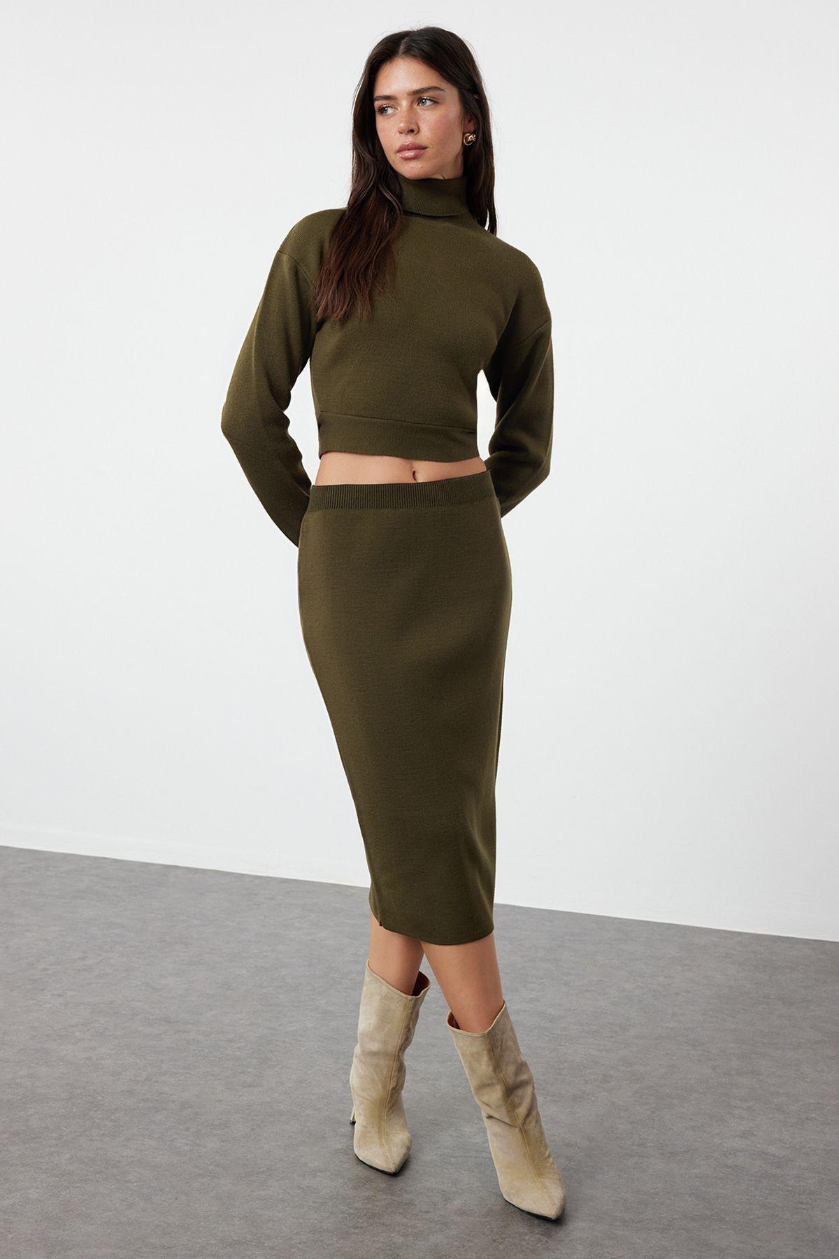 تنورة مُحاكة متوسطة الطول بقصة بينسل، كاكي, Khaki, medium