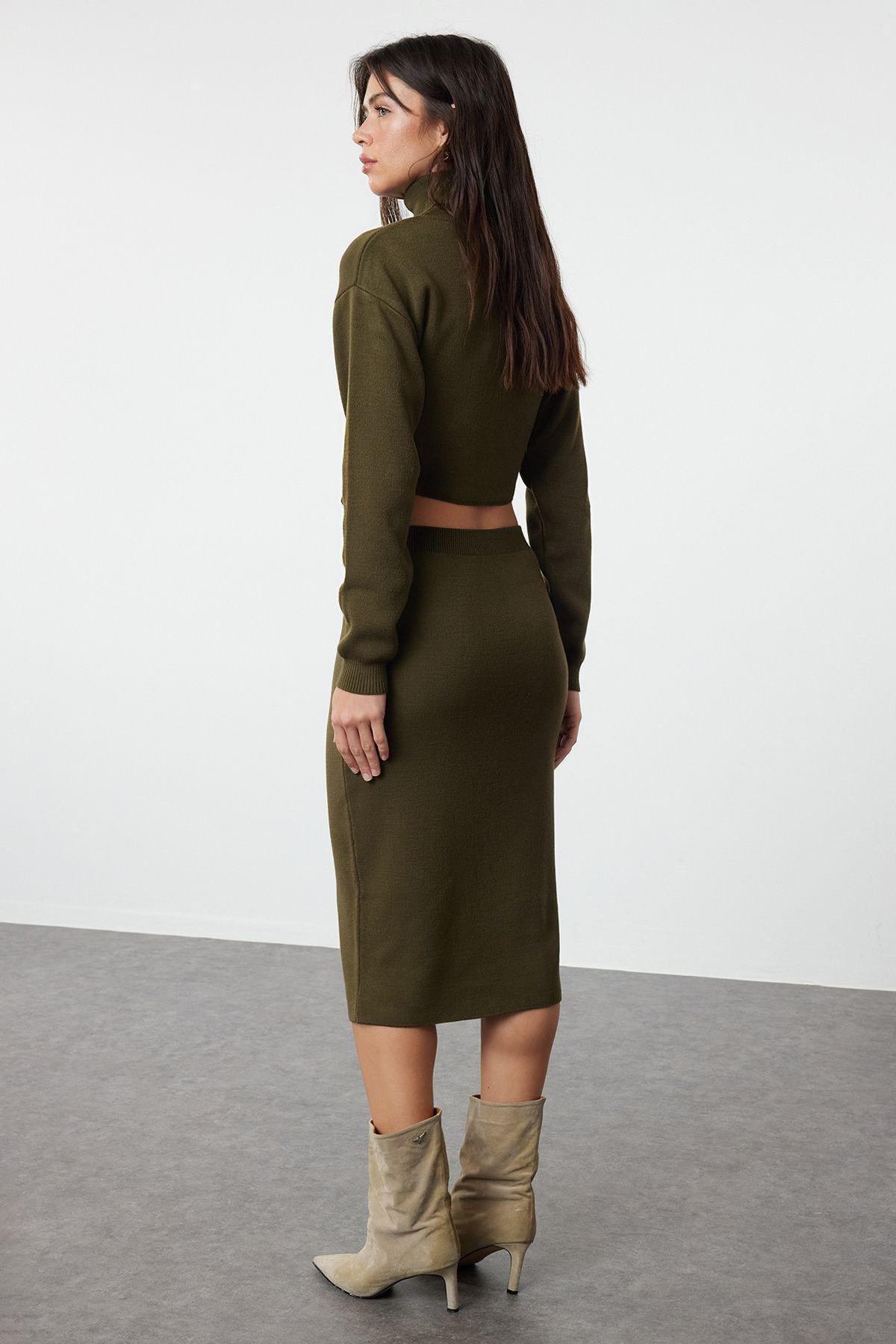 تنورة مُحاكة متوسطة الطول بقصة بينسل، كاكي, Khaki, large image number 4
