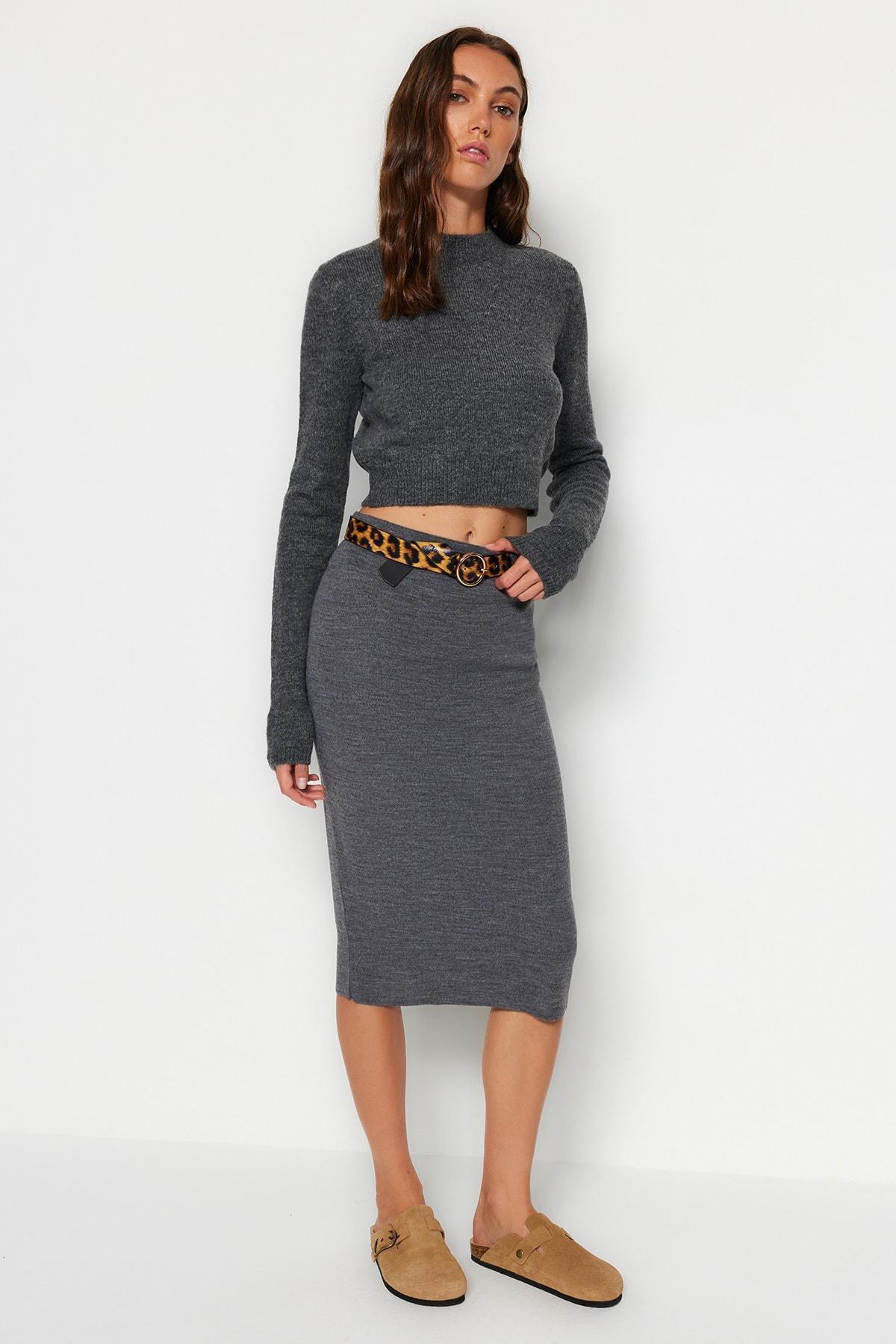 Trendyol - Grey Midi Pencil Knitwear Skirt
