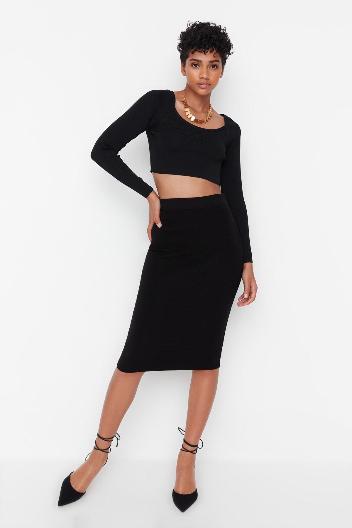 Black Midi Pencil Skirt, , large image number 1