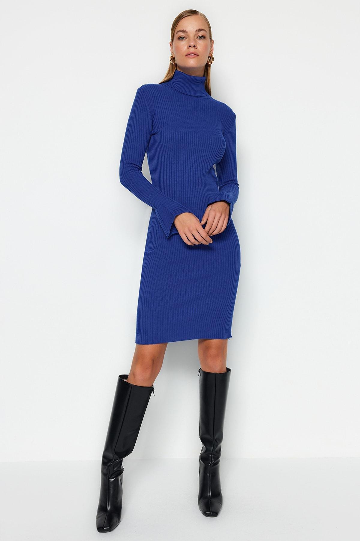 Blue Ribbed Midi Knitwear Dress, Sax, large image number 0