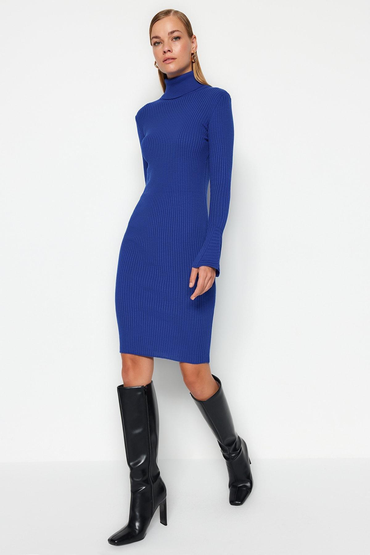 Blue Ribbed Midi Knitwear Dress, Sax, large image number 1
