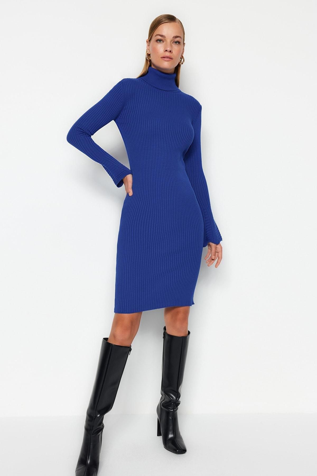 Blue Ribbed Midi Knitwear Dress, Sax, large image number 2