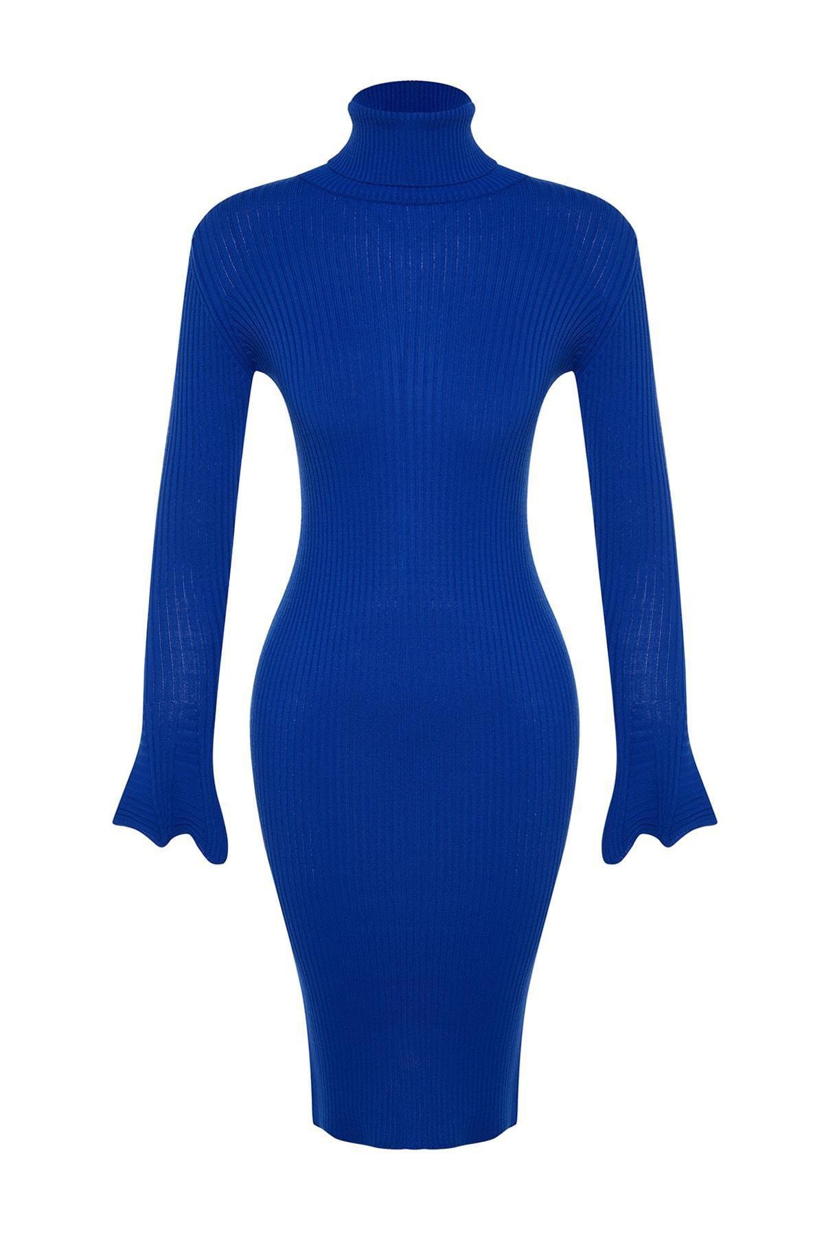 Blue Ribbed Midi Knitwear Dress, Sax, large image number 5