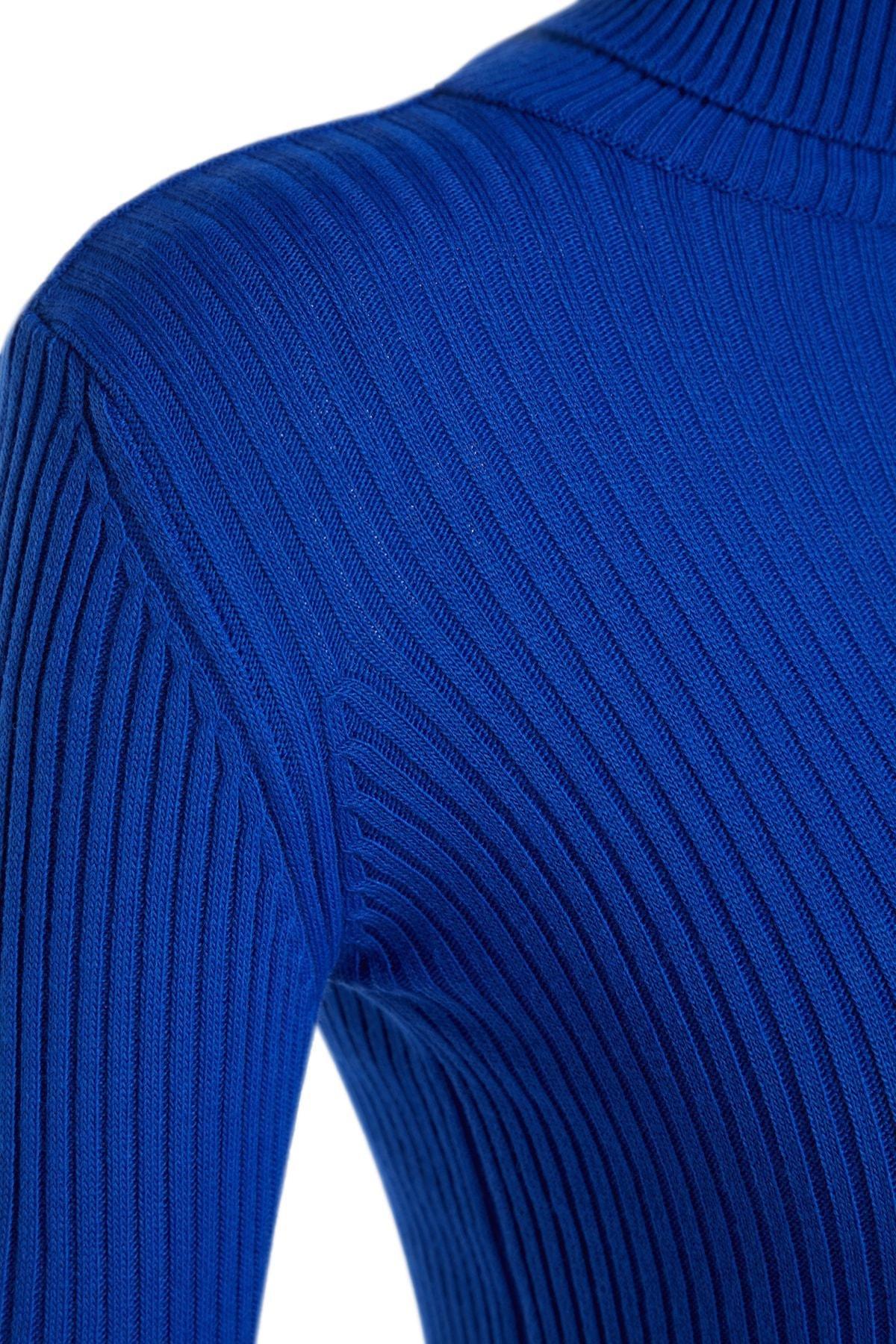 Blue Ribbed Midi Knitwear Dress, Sax, large image number 6