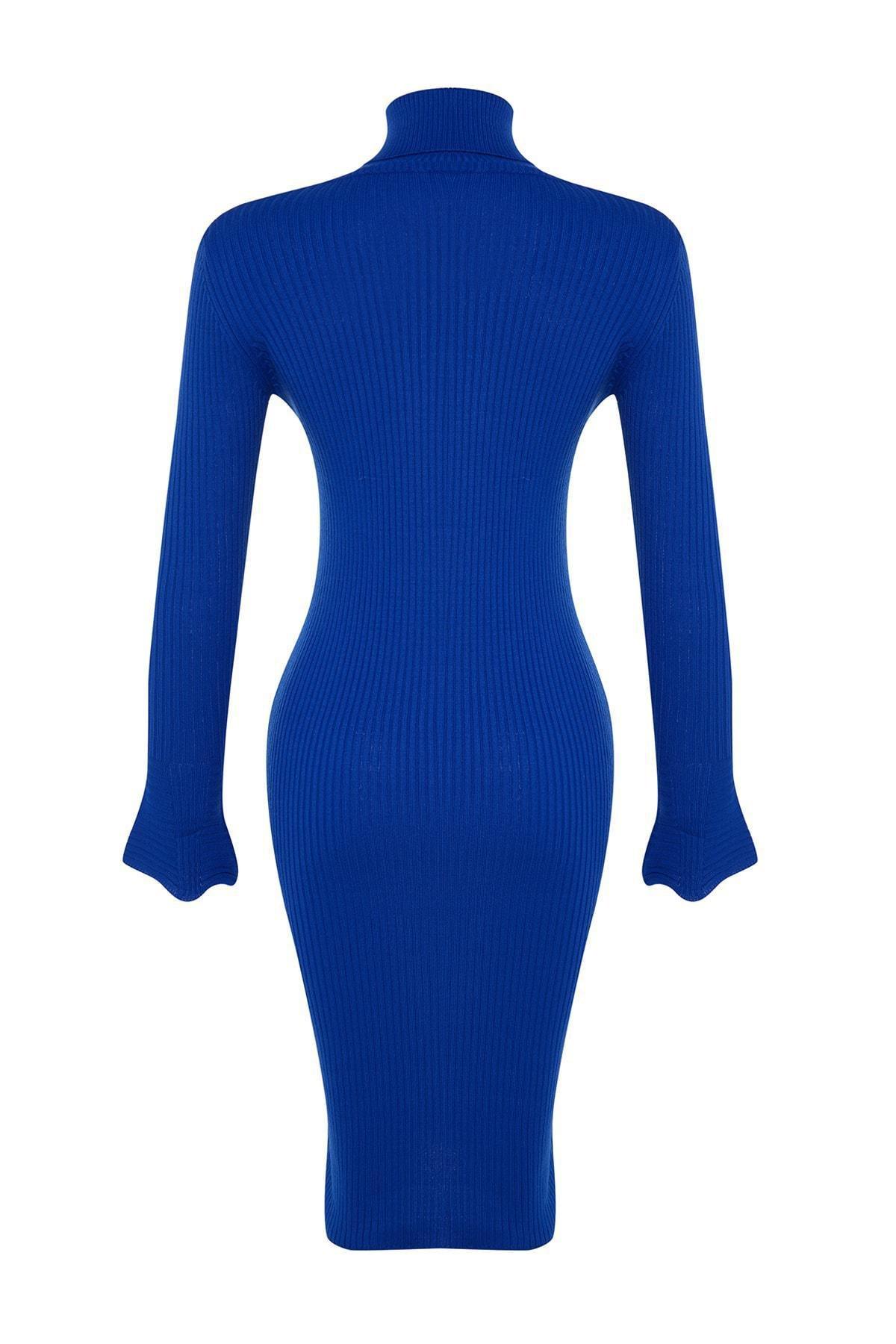 Blue Ribbed Midi Knitwear Dress, Sax, large image number 7