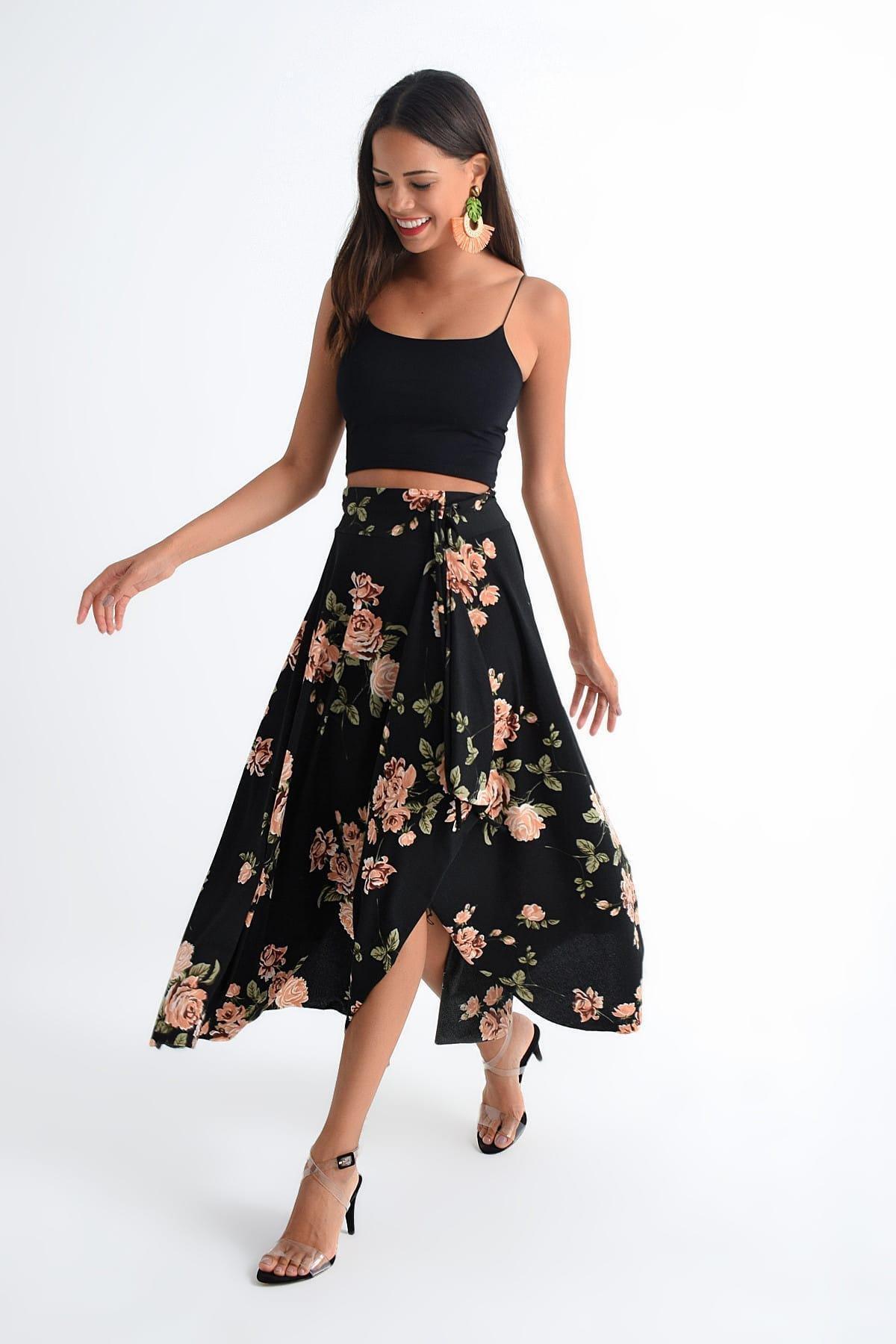 Black Midi Asymmetrical Skirt, Black-Powder, large image number 1