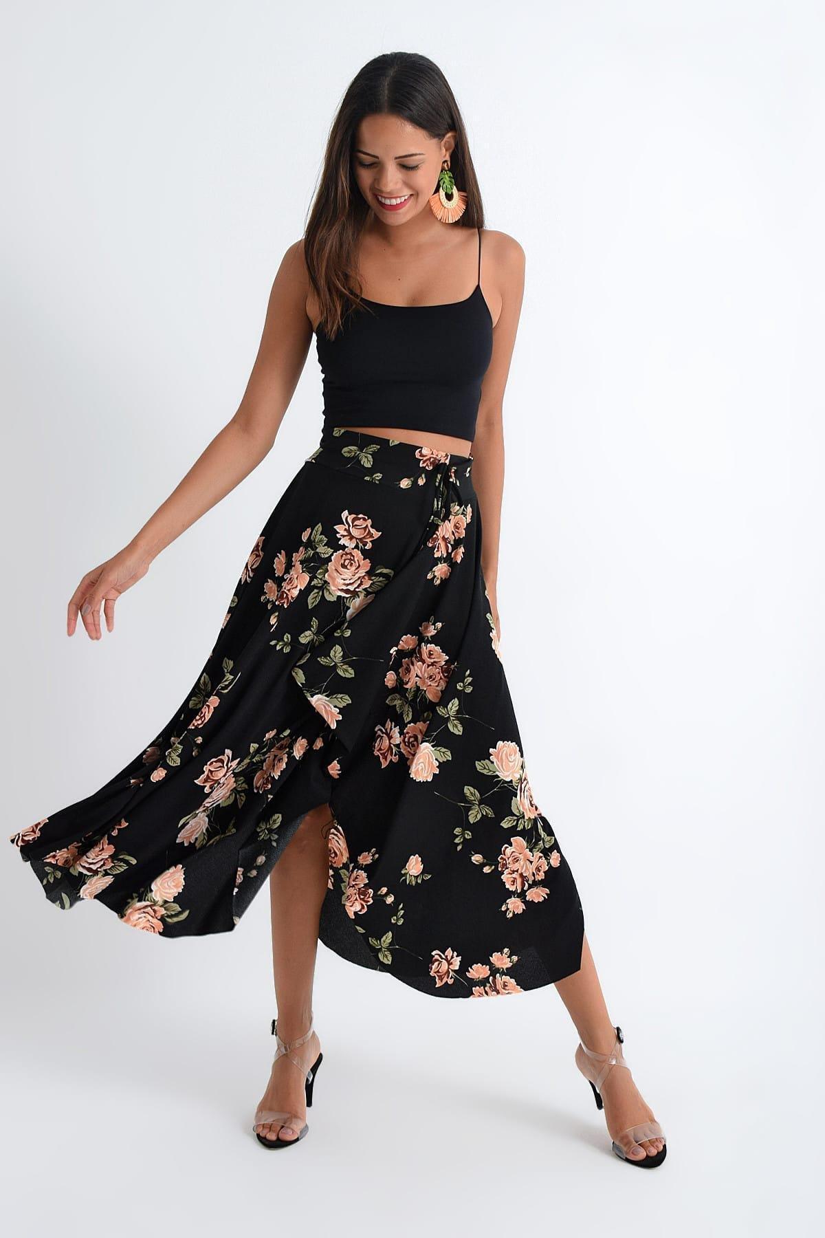 Black Midi Asymmetrical Skirt, Black-Powder, large image number 2