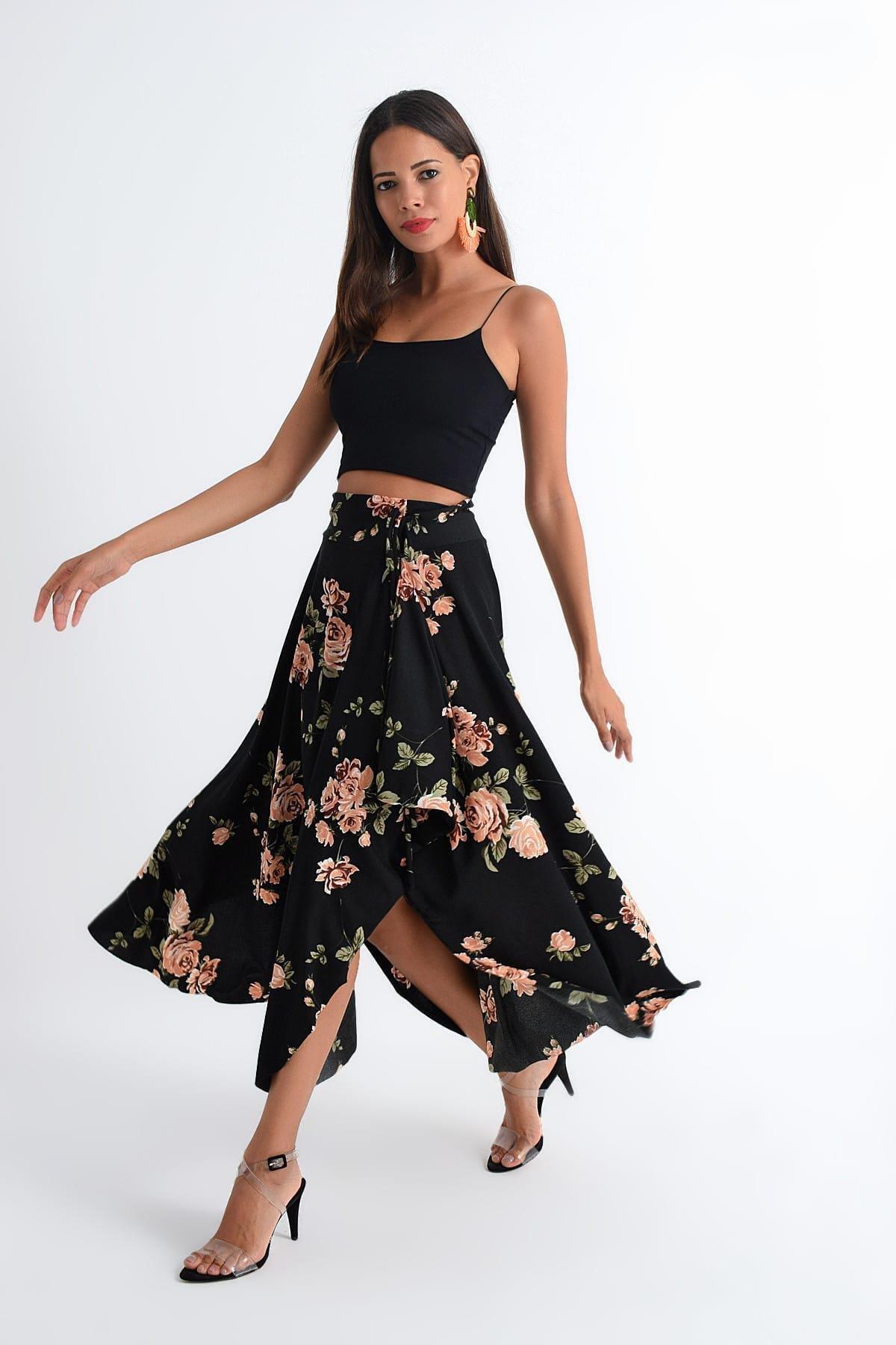 Black Midi Asymmetrical Skirt, Black-Powder, large image number 3