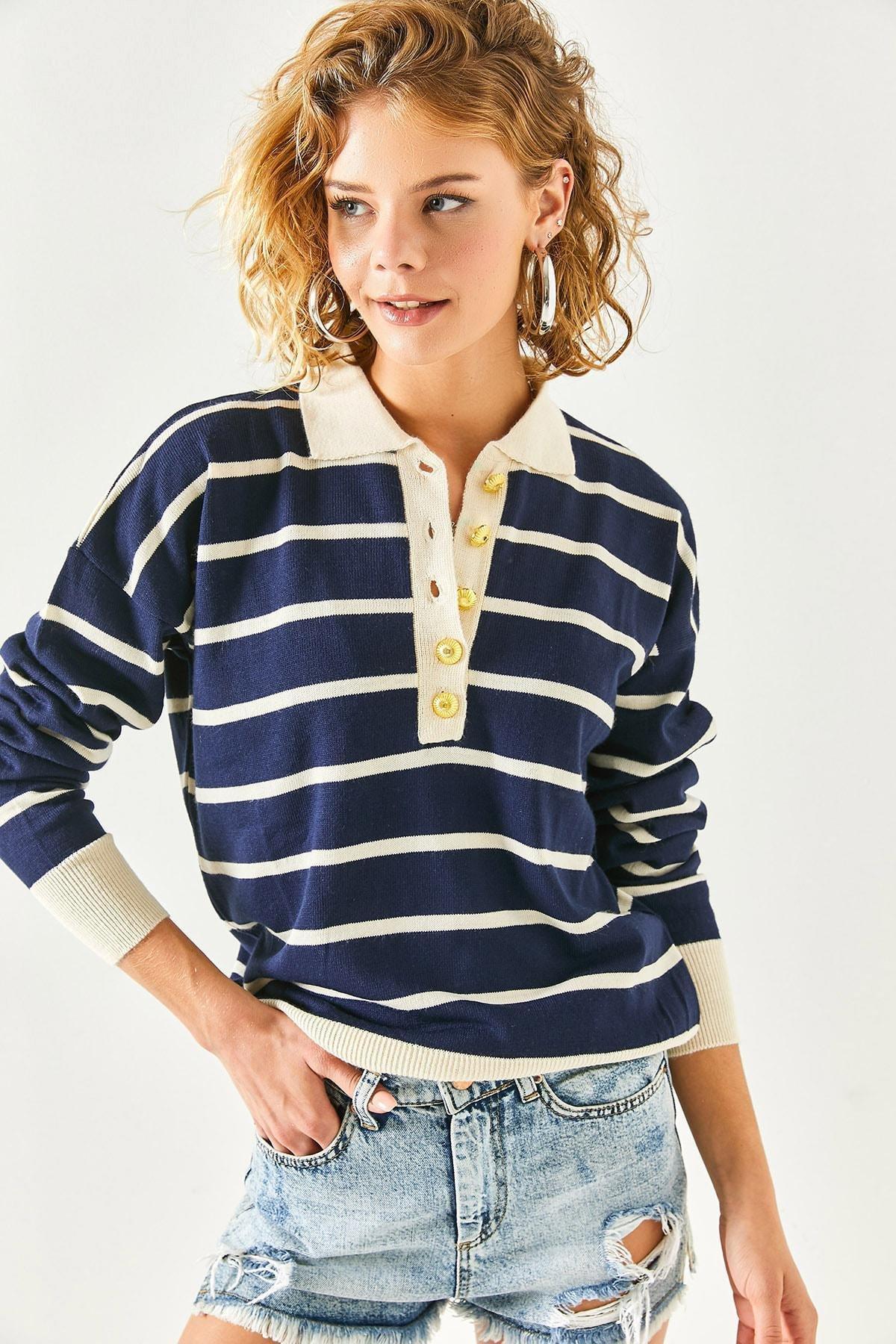 بلوزة مخططة بياقة بولو، كحلي, Navy blue, large image number 1