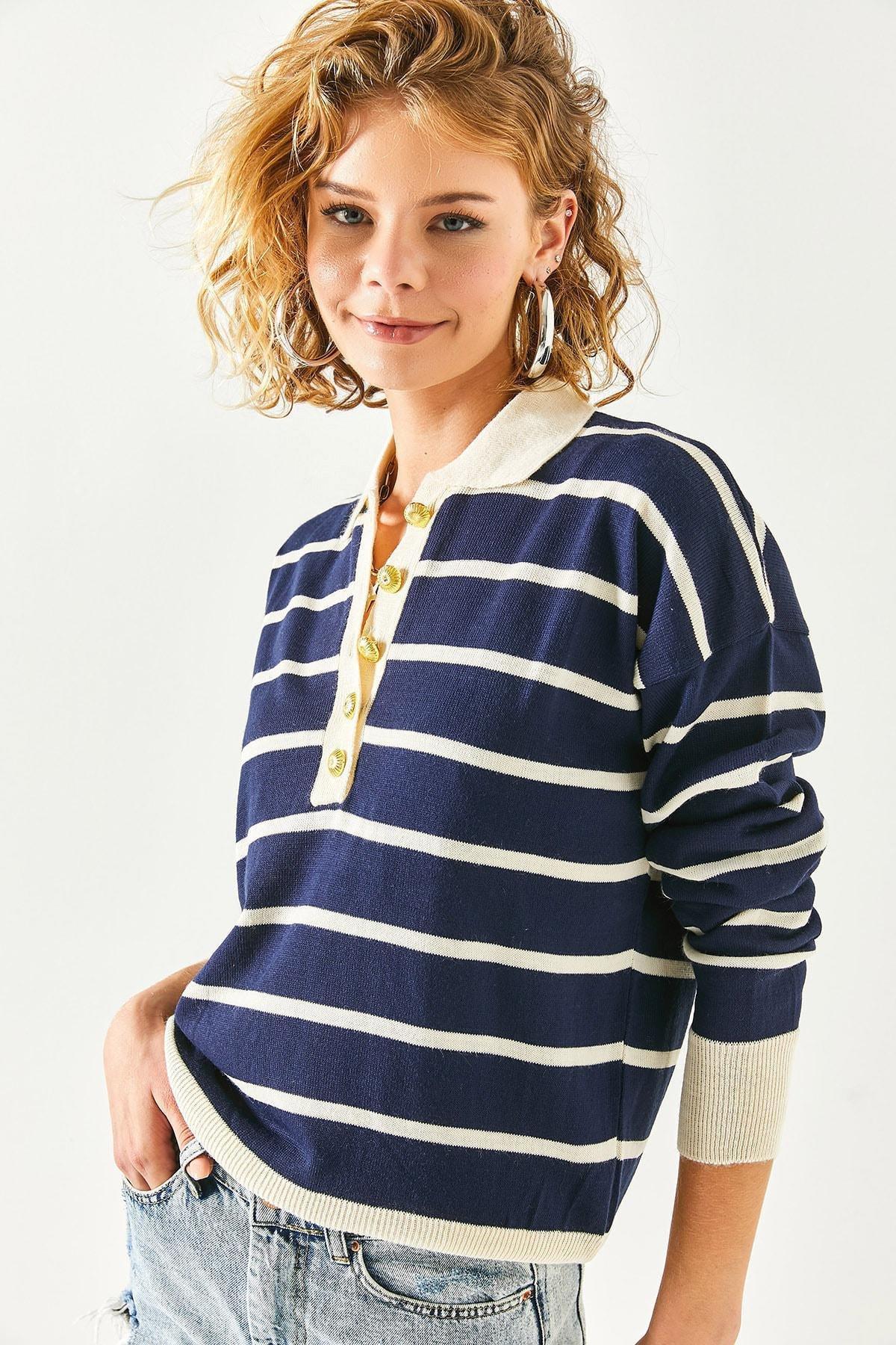 بلوزة مخططة بياقة بولو، كحلي, Navy blue, large image number 2
