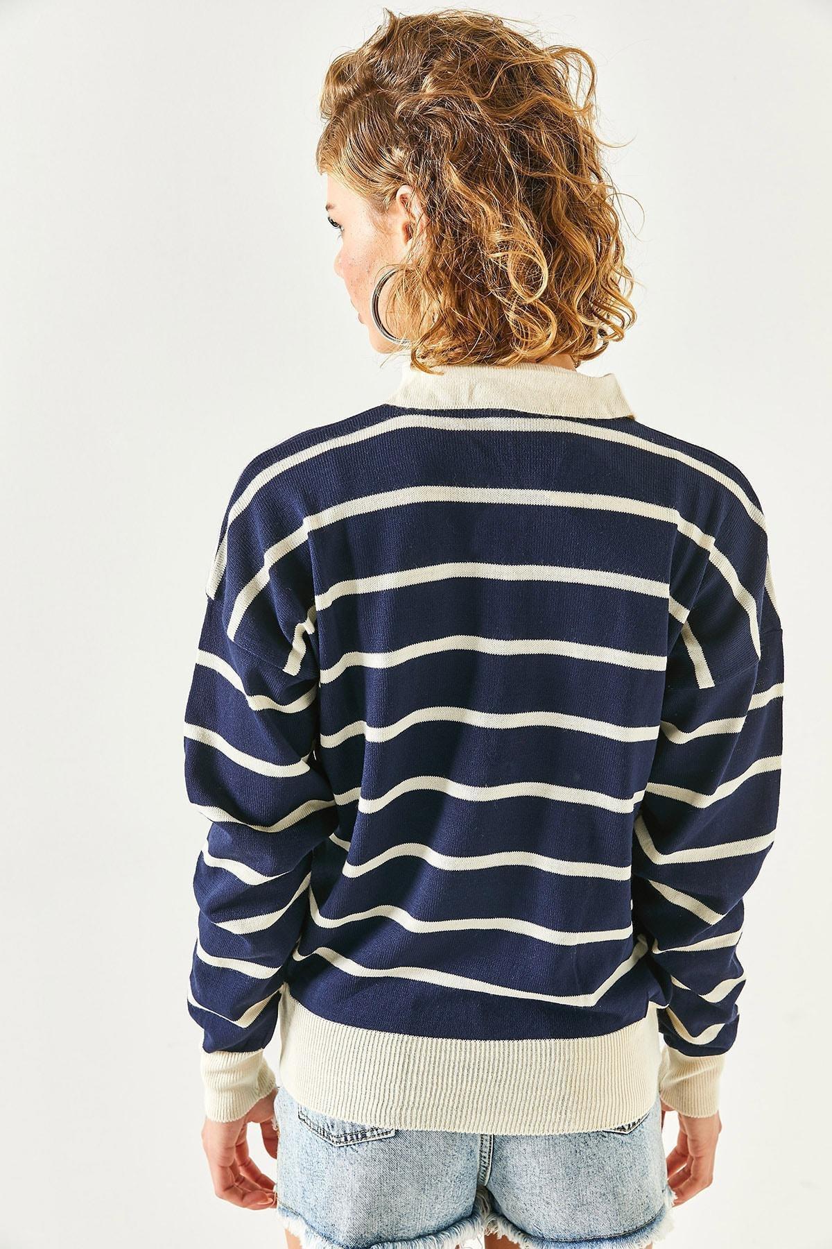 بلوزة مخططة بياقة بولو، كحلي, Navy blue, large image number 5