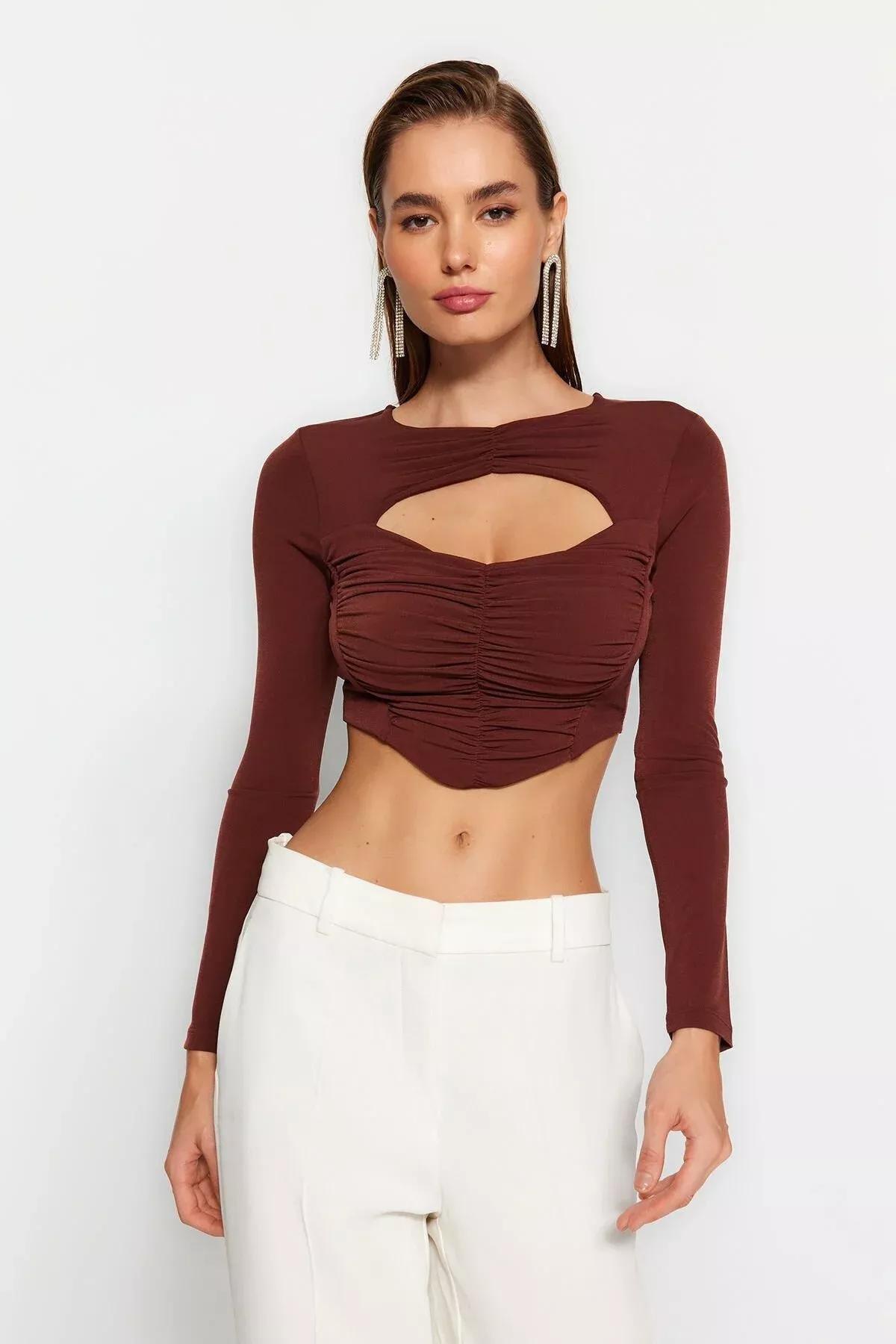 Brown Crop Cut Detailed Blouse, Brown, large image number 0