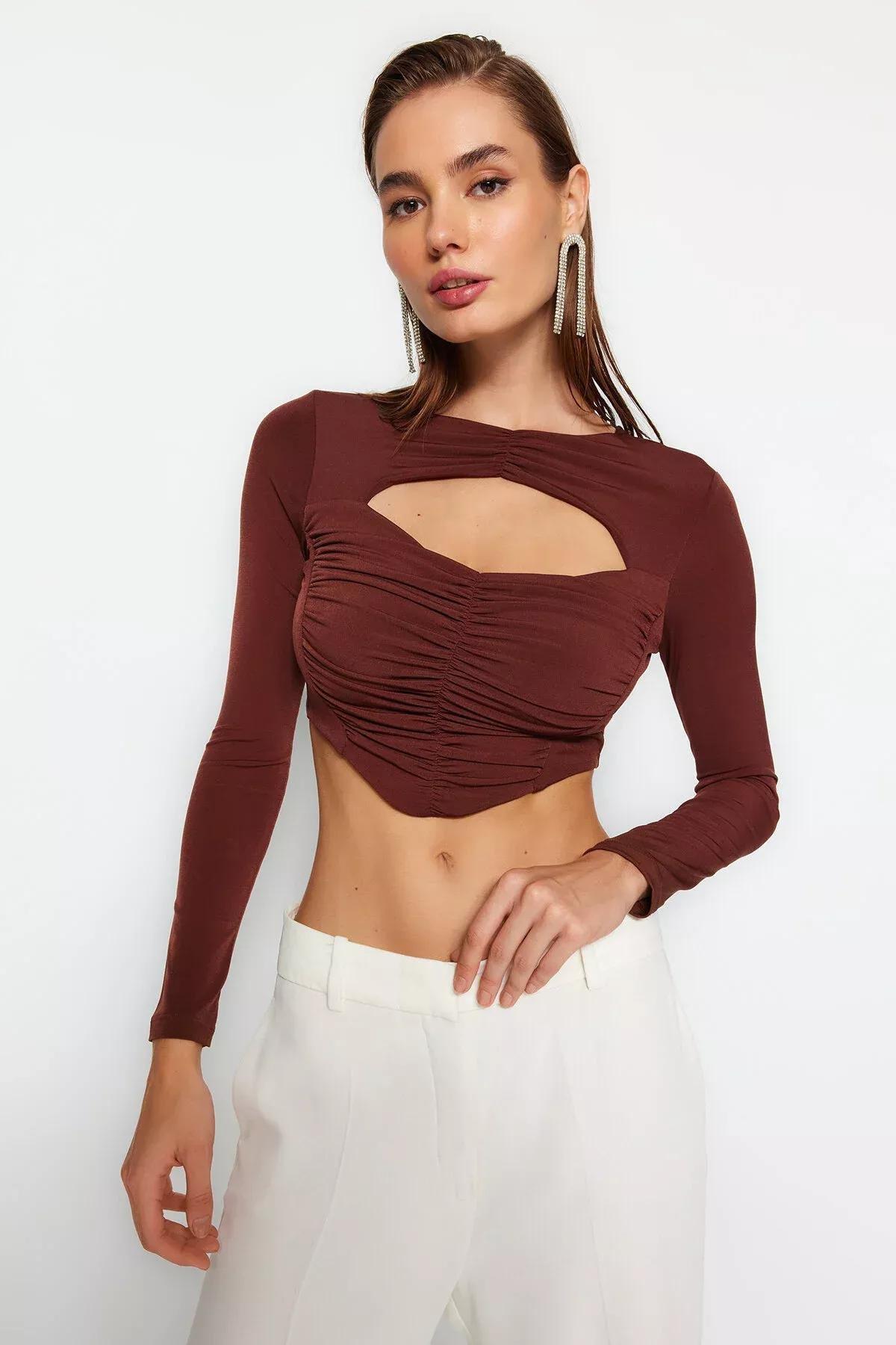 Brown Crop Cut Detailed Blouse, Brown, large image number 1