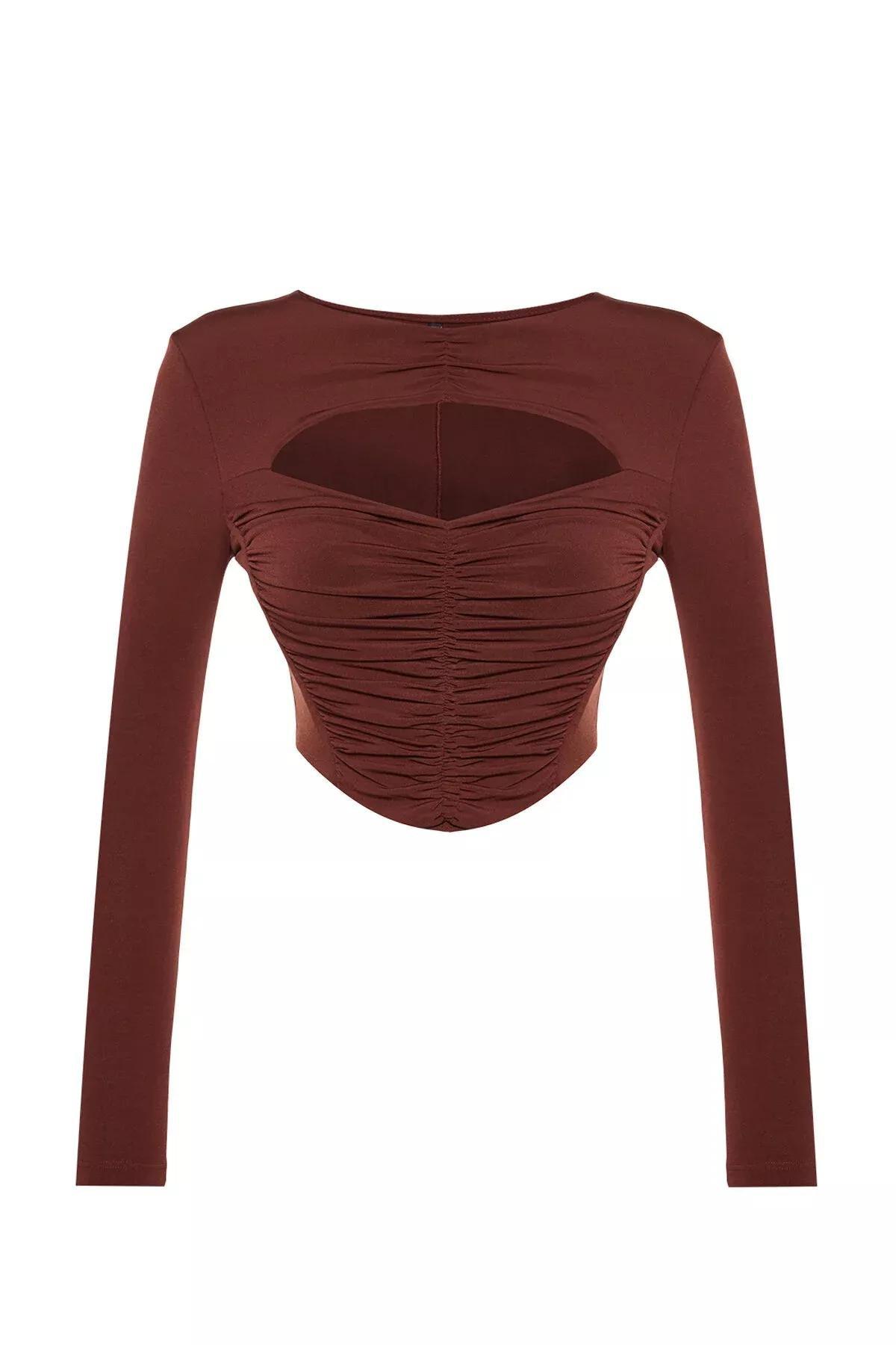 Brown Crop Cut Detailed Blouse, Brown, large image number 4