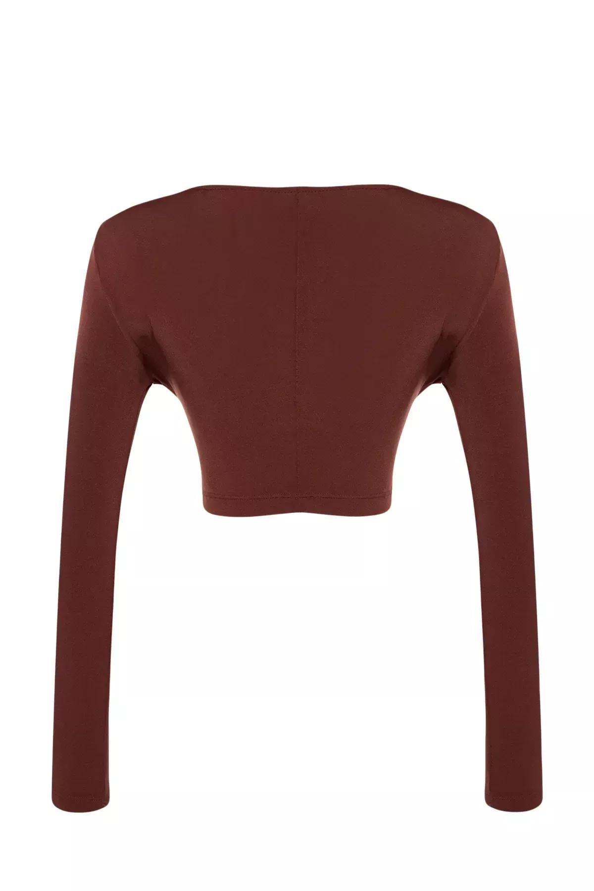 Brown Crop Cut Detailed Blouse, Brown, large image number 5