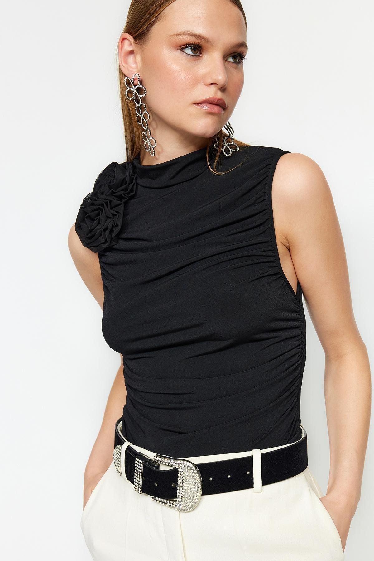 Black Draped Detailed Knitted Blouse, , large image number 0