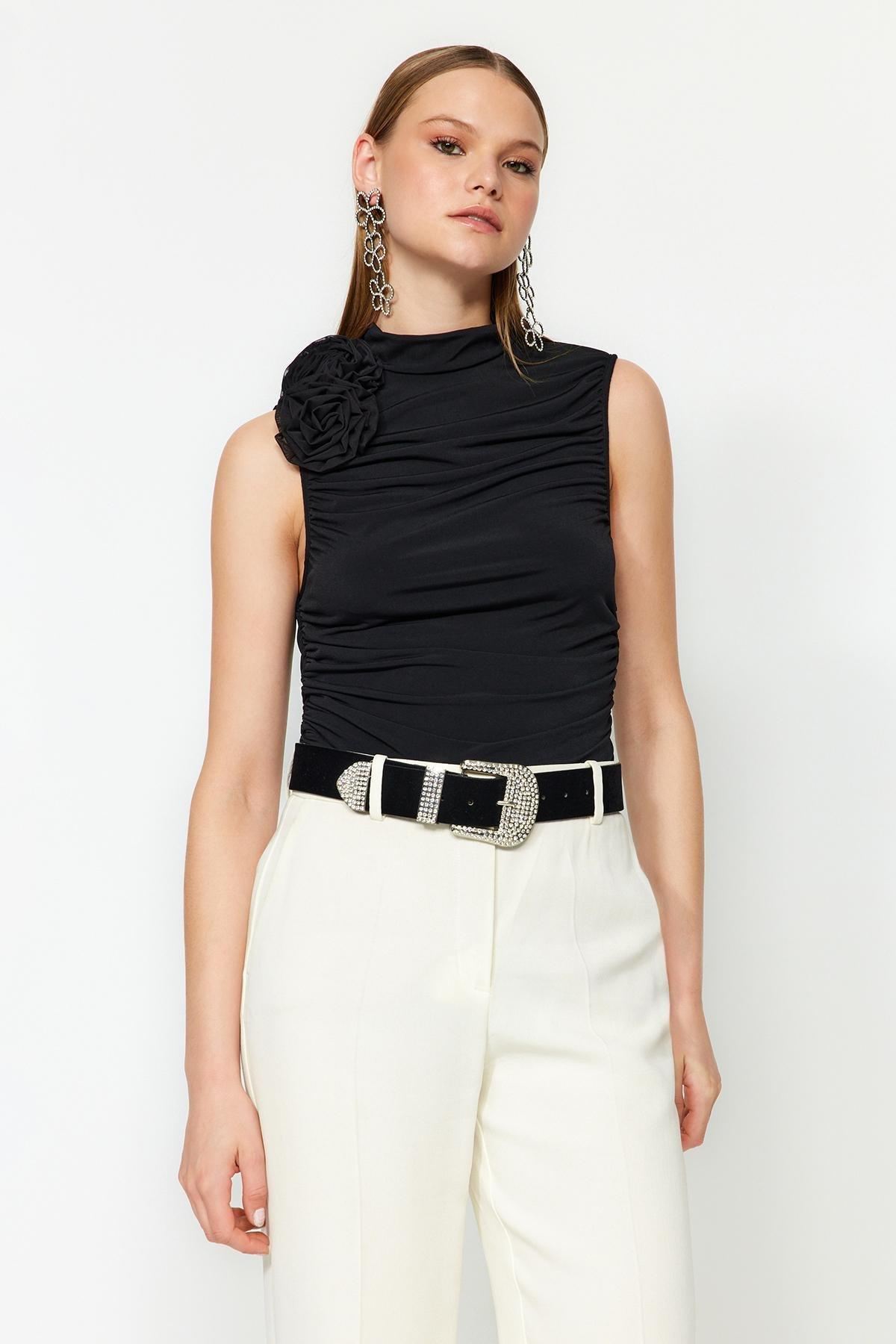 Black Draped Detailed Knitted Blouse, , large image number 2
