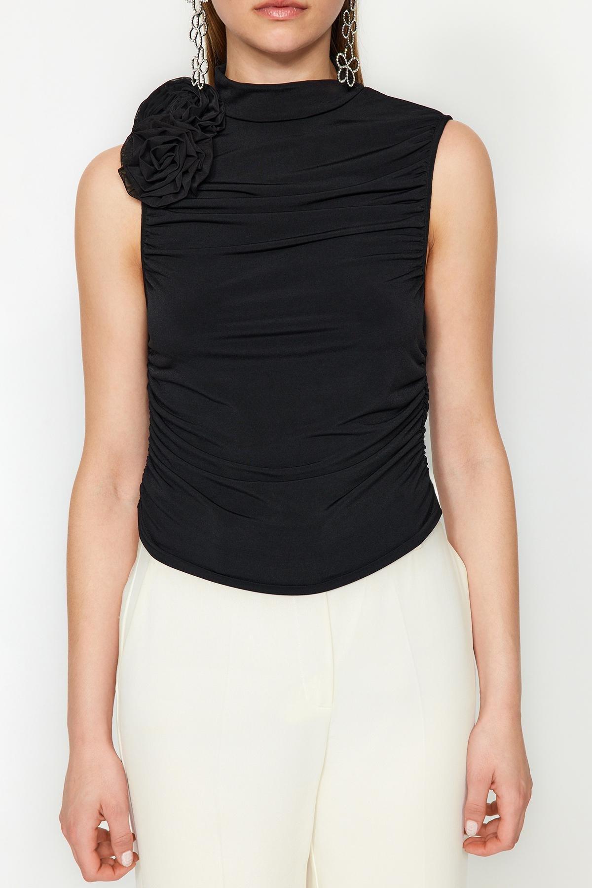 Black Draped Detailed Knitted Blouse, , large image number 3