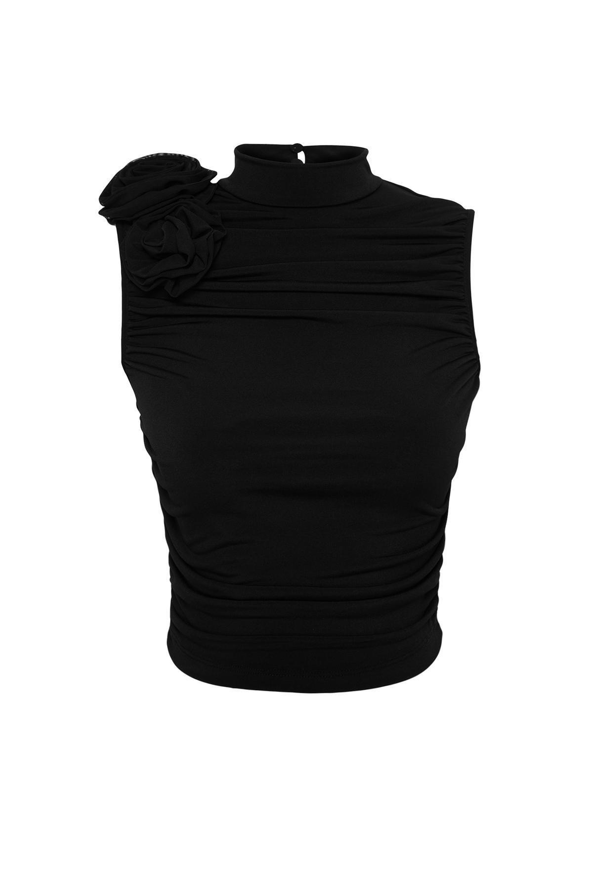 Black Draped Detailed Knitted Blouse, , large image number 5