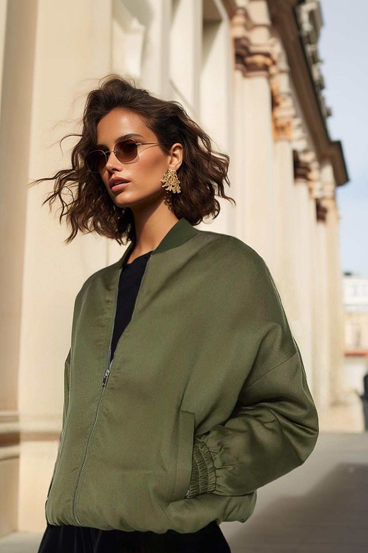 Khaki Oversized Bomber Jacket, , large image number 0