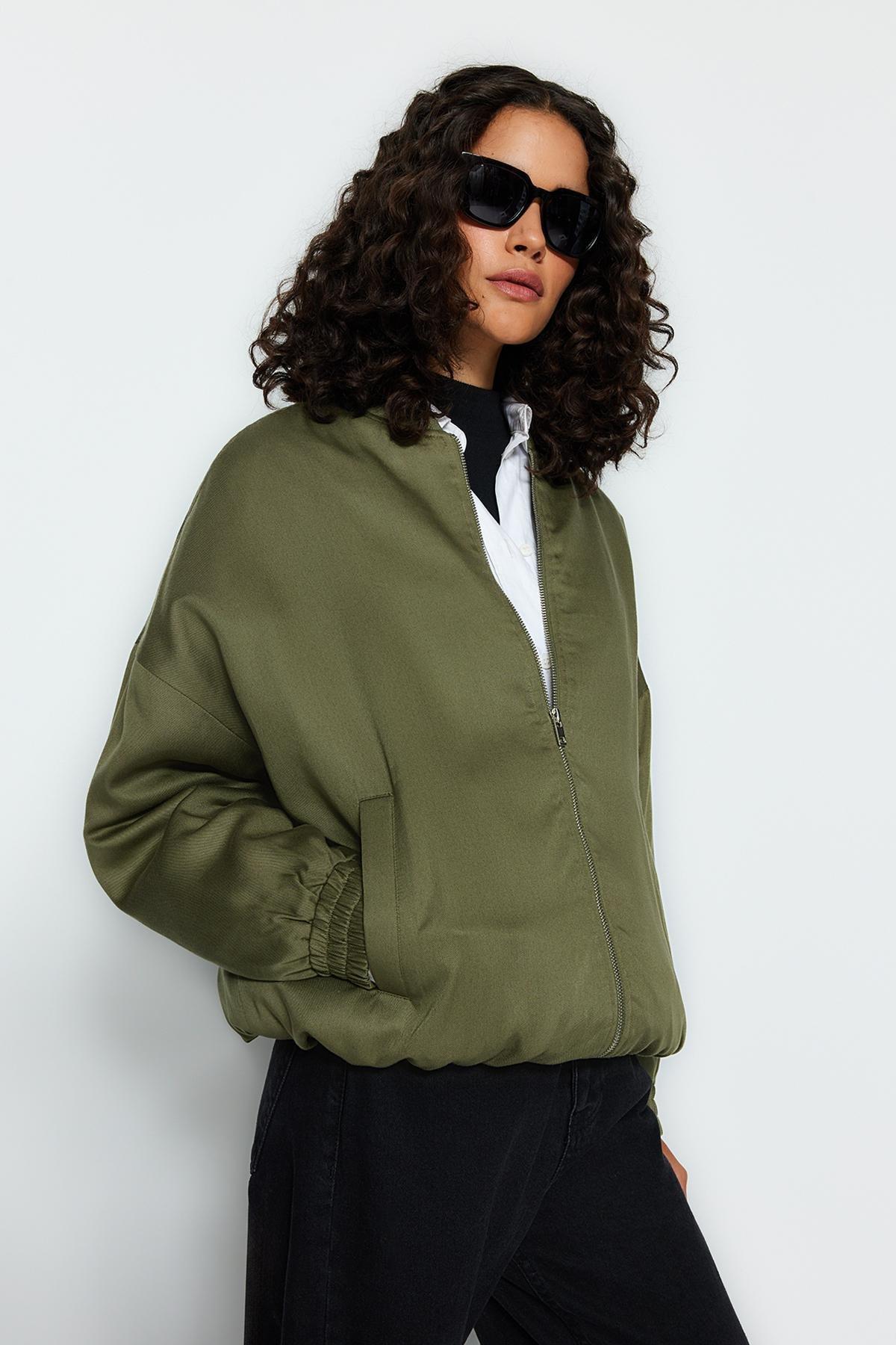 Khaki Oversized Bomber Jacket, , large image number 1
