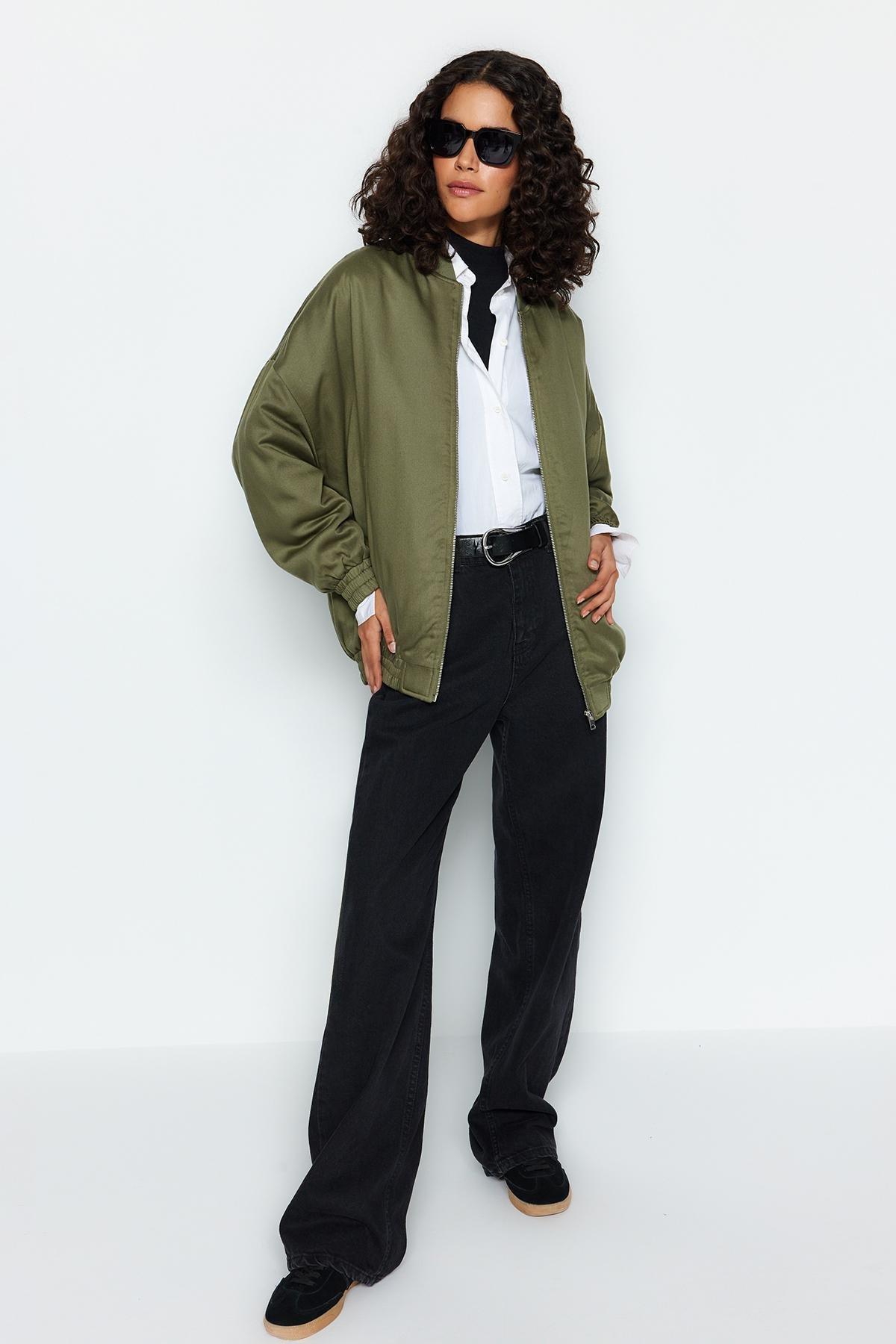 Khaki Oversized Bomber Jacket, , large image number 2