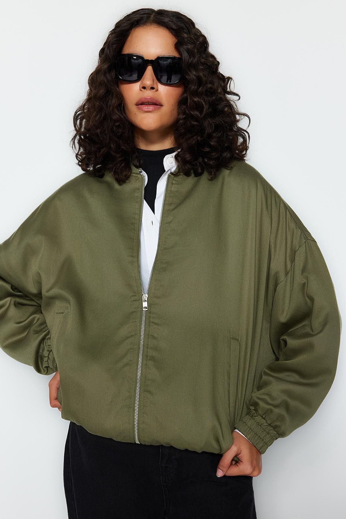 Khaki Oversized Bomber Jacket, , large image number 3