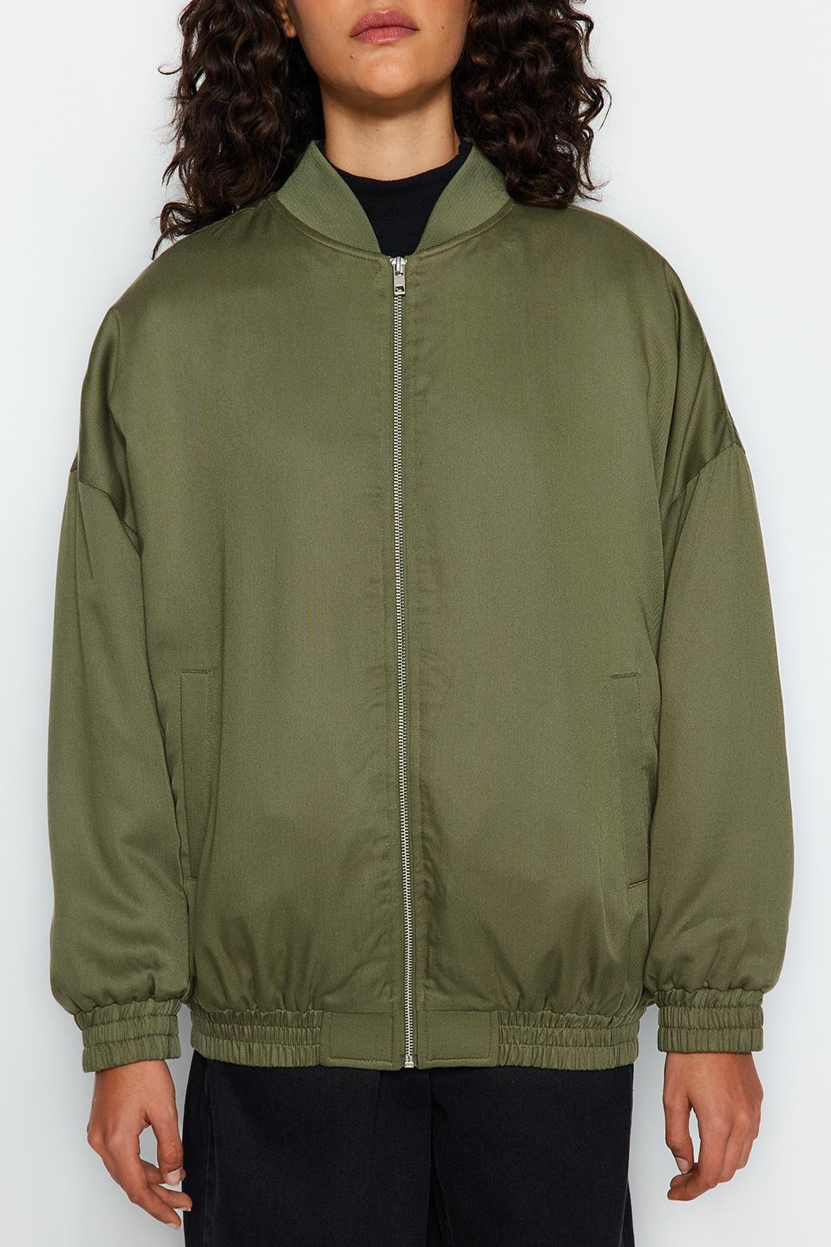 Khaki Oversized Bomber Jacket, , large image number 4