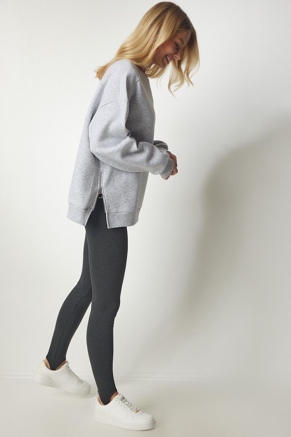 Happiness Istanbul - Gray Zip-Detailed Rayon Knitted Sweatshirt