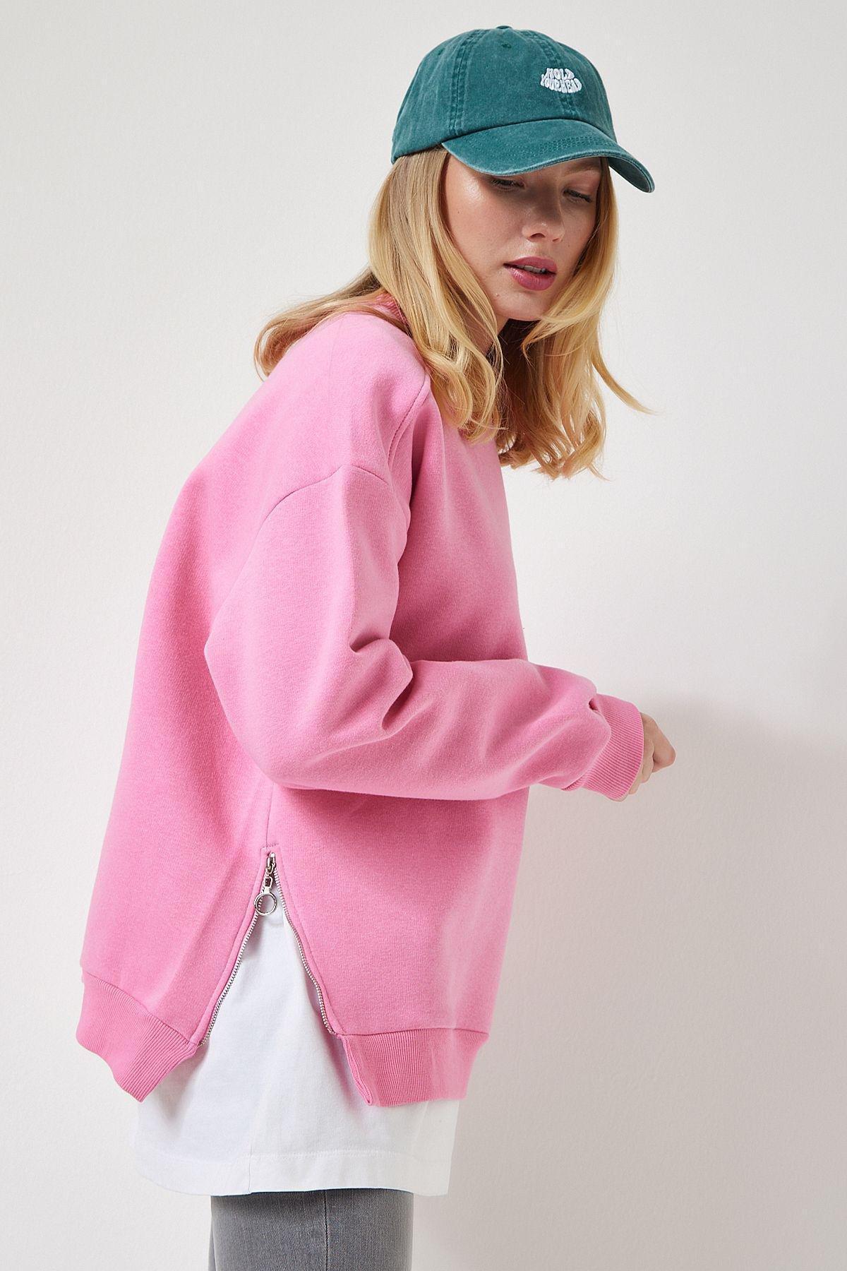Pink Zipper Detailed Raised Knit Sweatshirt, LIGHT PINK, large image number 0