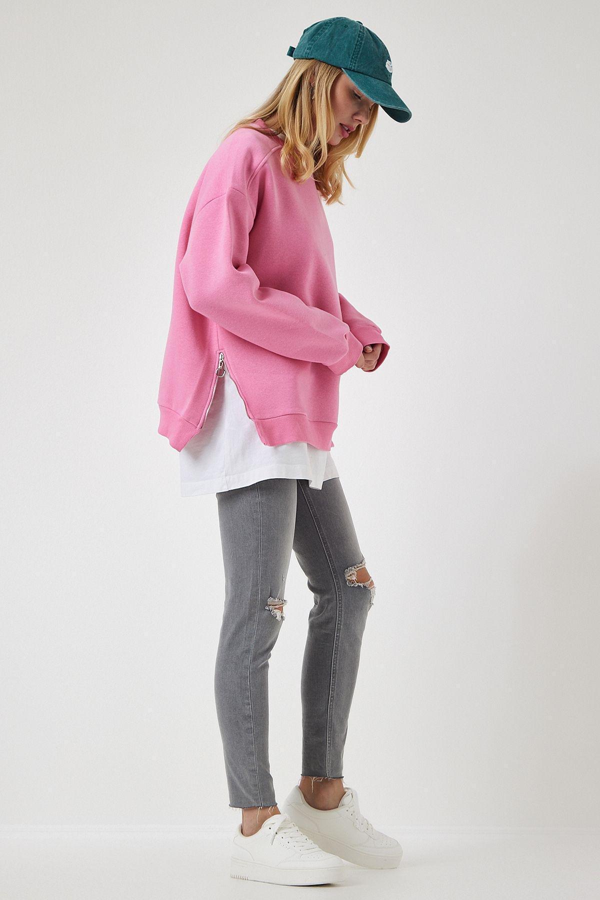 Pink Zipper Detailed Raised Knit Sweatshirt, LIGHT PINK, large image number 3