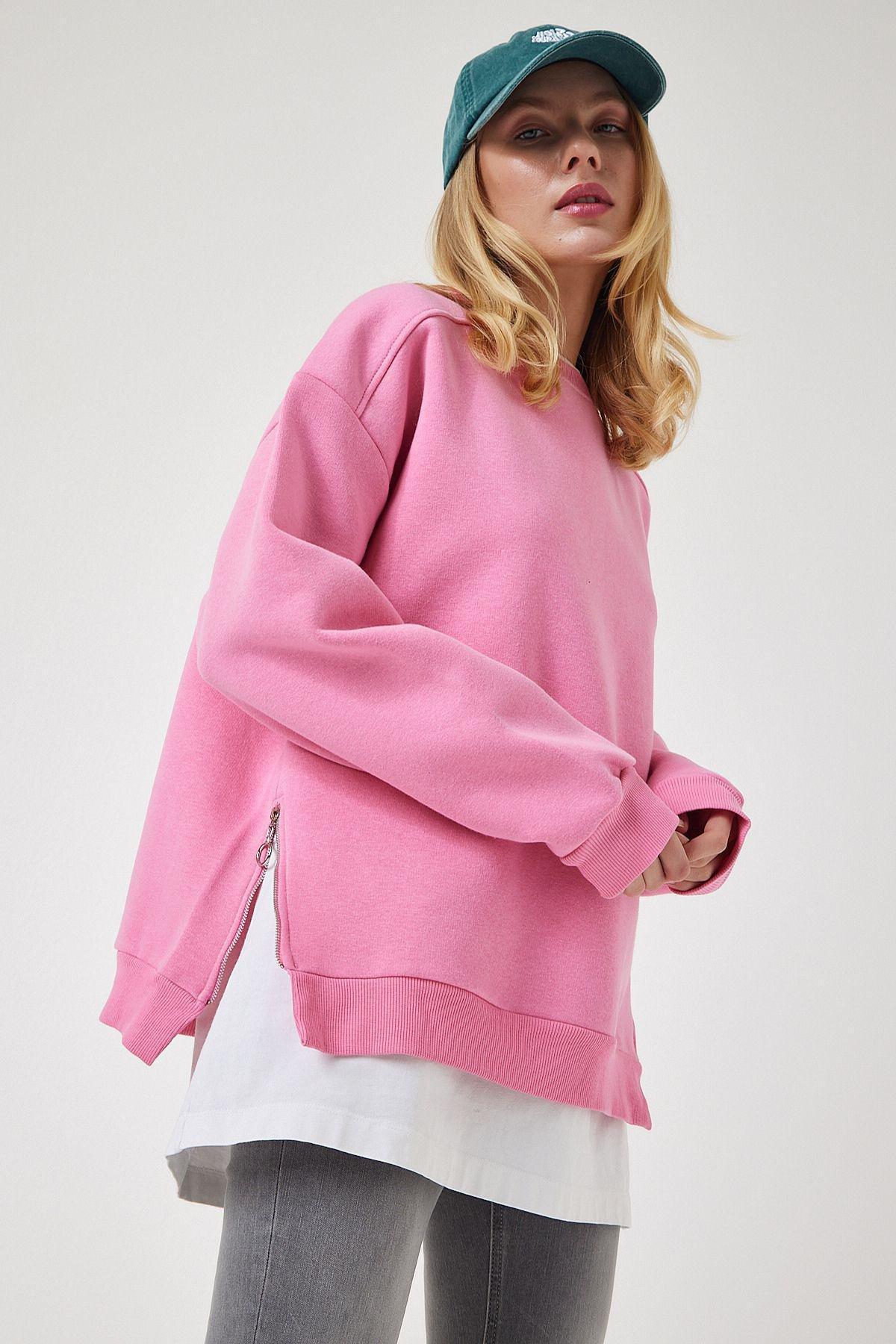 Pink Zipper Detailed Raised Knit Sweatshirt, LIGHT PINK, large image number 5