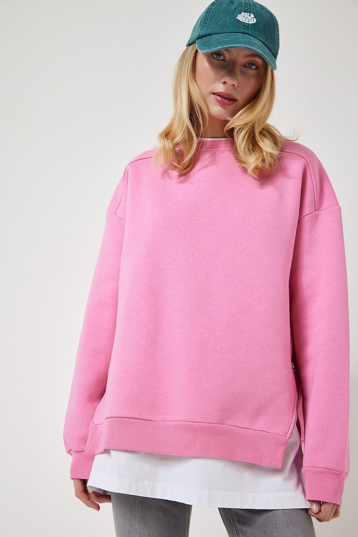 Pink Zipper Detailed Raised Knit Sweatshirt, LIGHT PINK, large image number 6