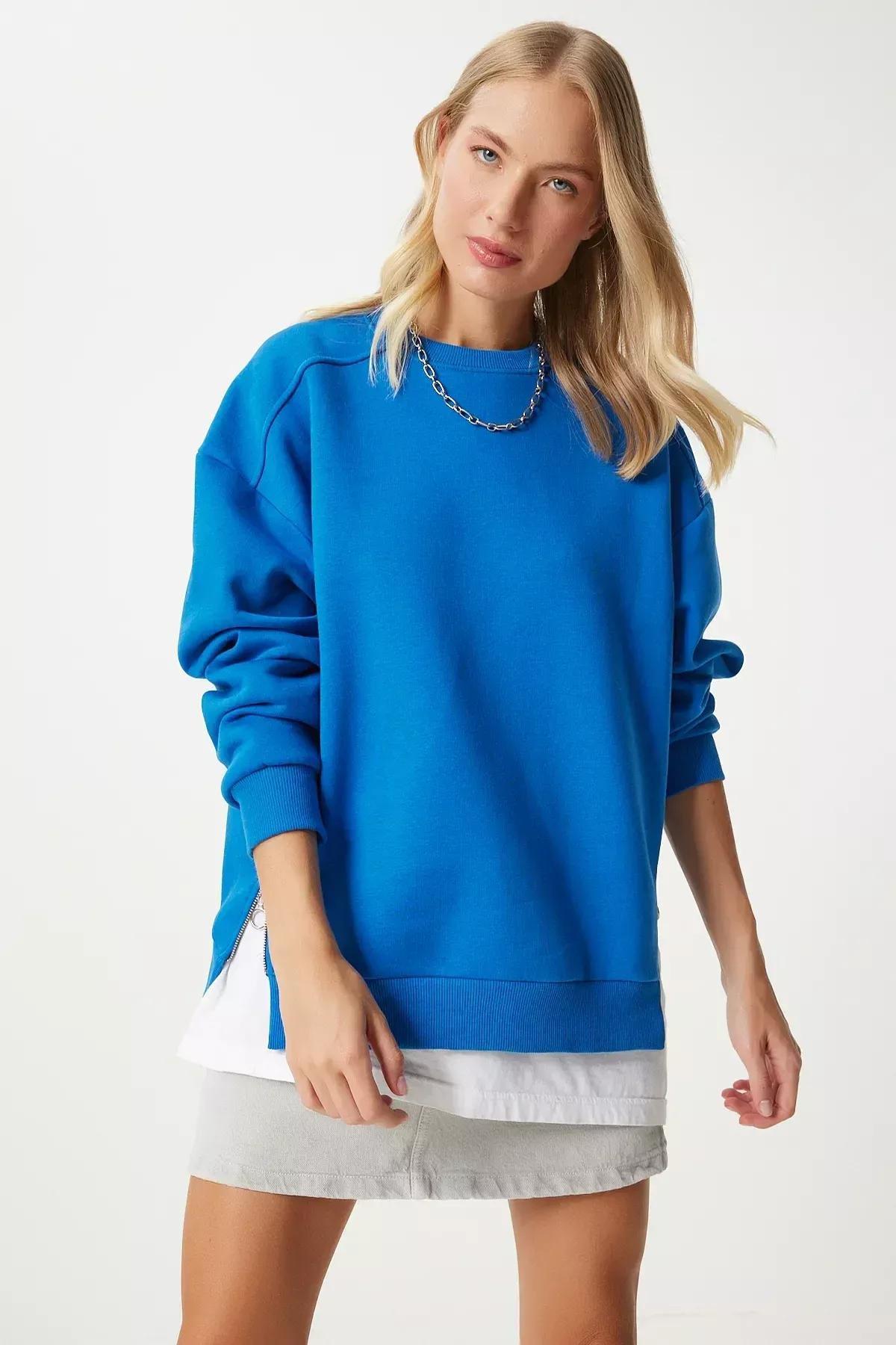 Blue Zipper Raised Knitted Sweatshirt, Blue, large image number 0