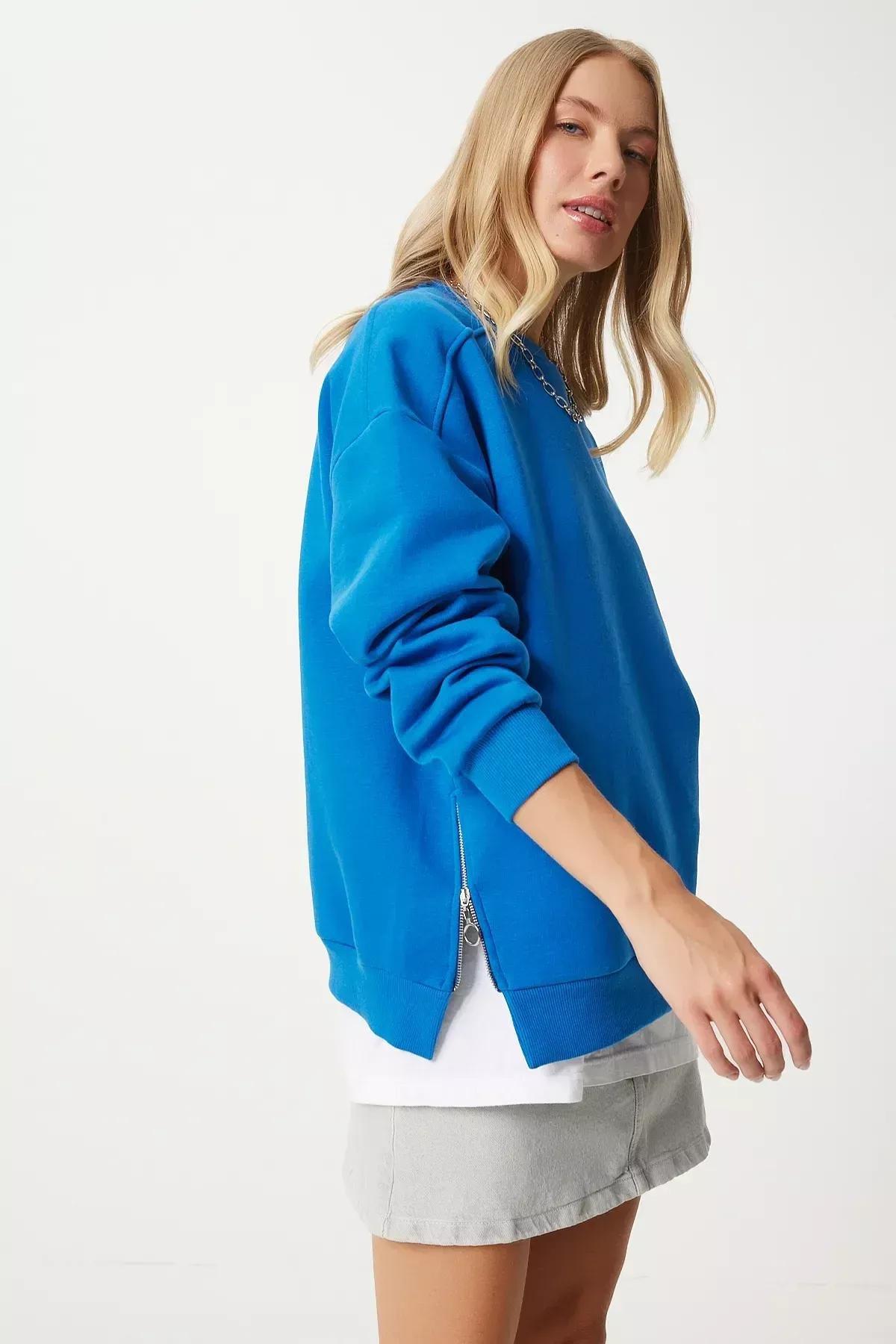 Blue Zipper Raised Knitted Sweatshirt, Blue, large image number 1