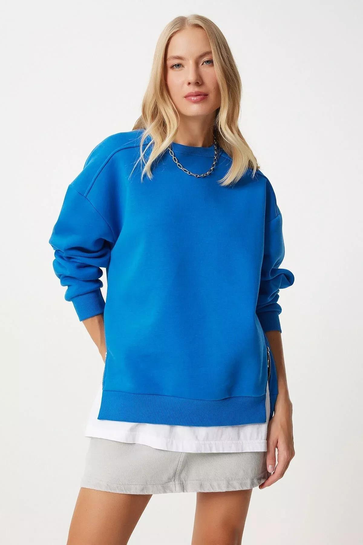 Blue Zipper Raised Knitted Sweatshirt, Blue, medium
